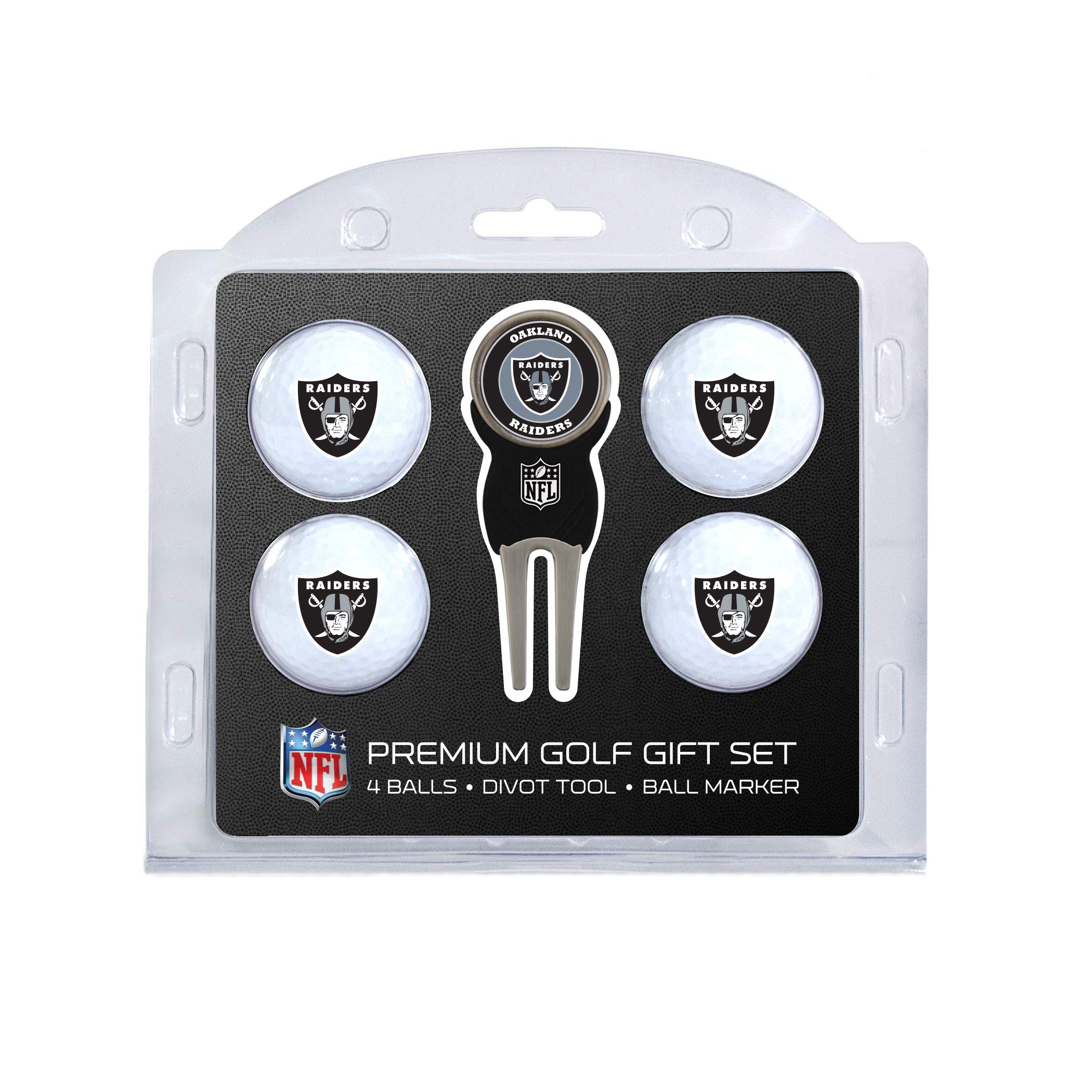 Team Golf NFL Las Vegas Raiders 4 Golf Ball And Divot Tool Set Regulation Size Golf Balls (4 Count) & Divot Tool with Removable Double-Sided Magnetic Marker