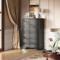 Vista 7 de WLIVE - Cómoda de granja para dormitorio, cómoda alta de madera con 5 cajones, cómoda con tirador de metal romano para sala de estar, pasillo, Negro