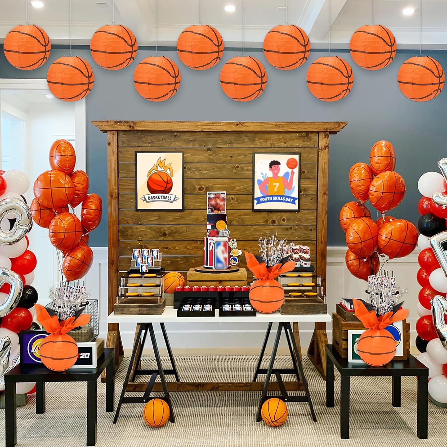 36 Pieces Basketball Paper Lanterns Centerpieces Decorations Basketball Lanterns Table Centerpieces with Metallic Foil Centerpiece Wrapping Paper and Ribbons for Birthday Party (36 PCS，Basketball)