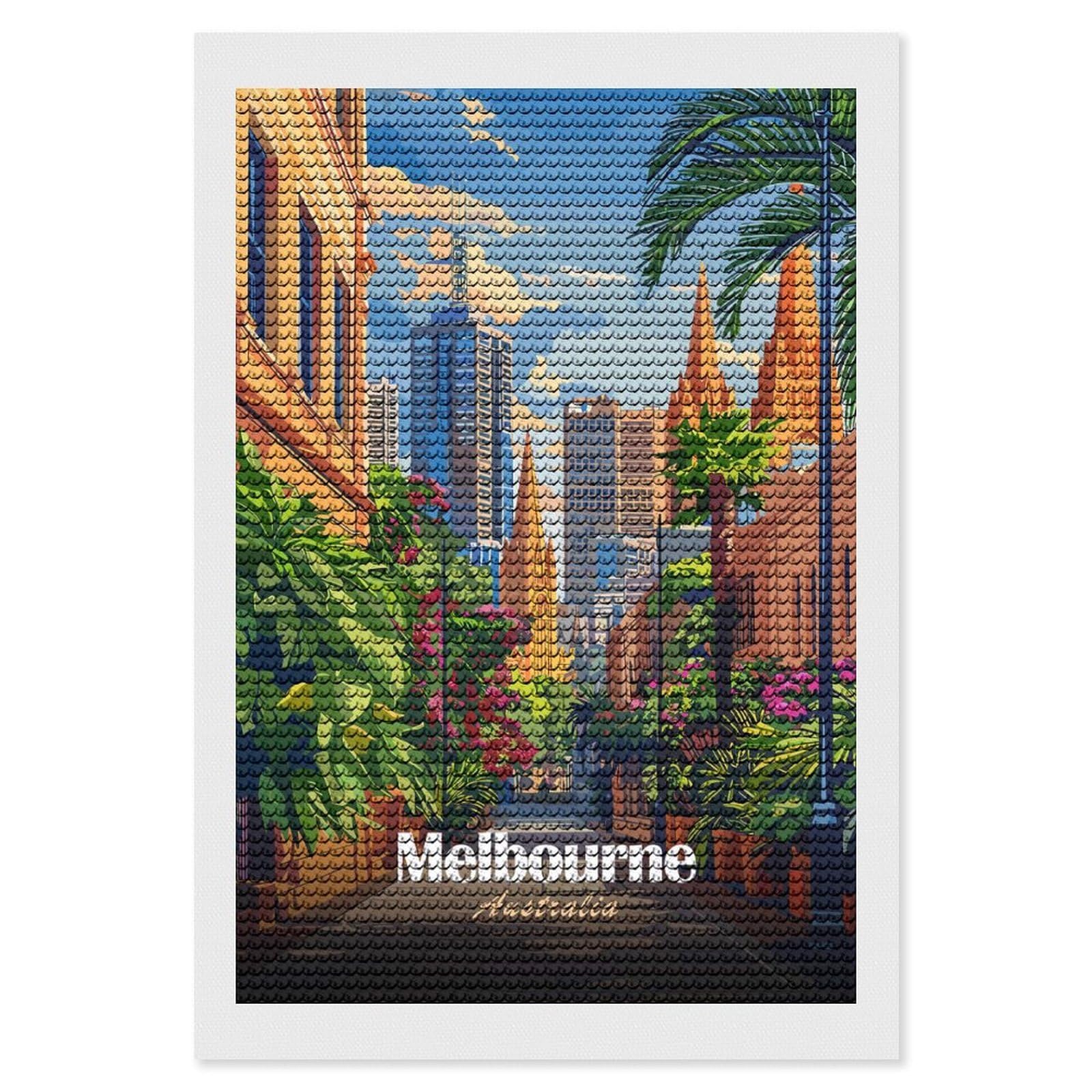 Junmoney Melbourne Australia Cityscape Illustration Diamond Painting Kit 8"x12", for Women, Simple to Start, Bedroom Decor, Christmas Gift, Good for Quiet Evenings