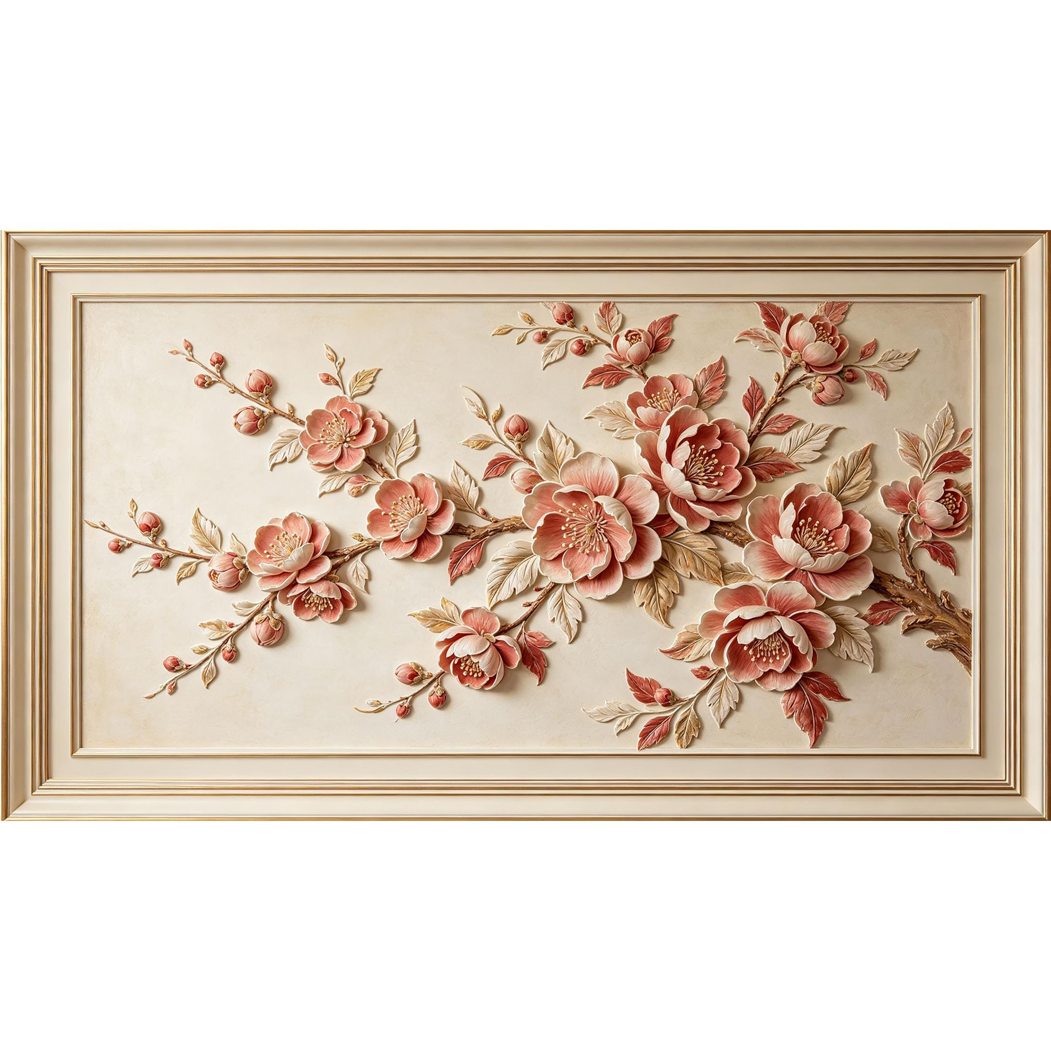 QZLITHOTIC 50x90cm3D Framed Wall Art， Botanical Peony Blossom Relief Self‑Adhesive Mural， Water‑Activated Peel & Stick Fabric Decor Wall Decal for Bedroom Living Room