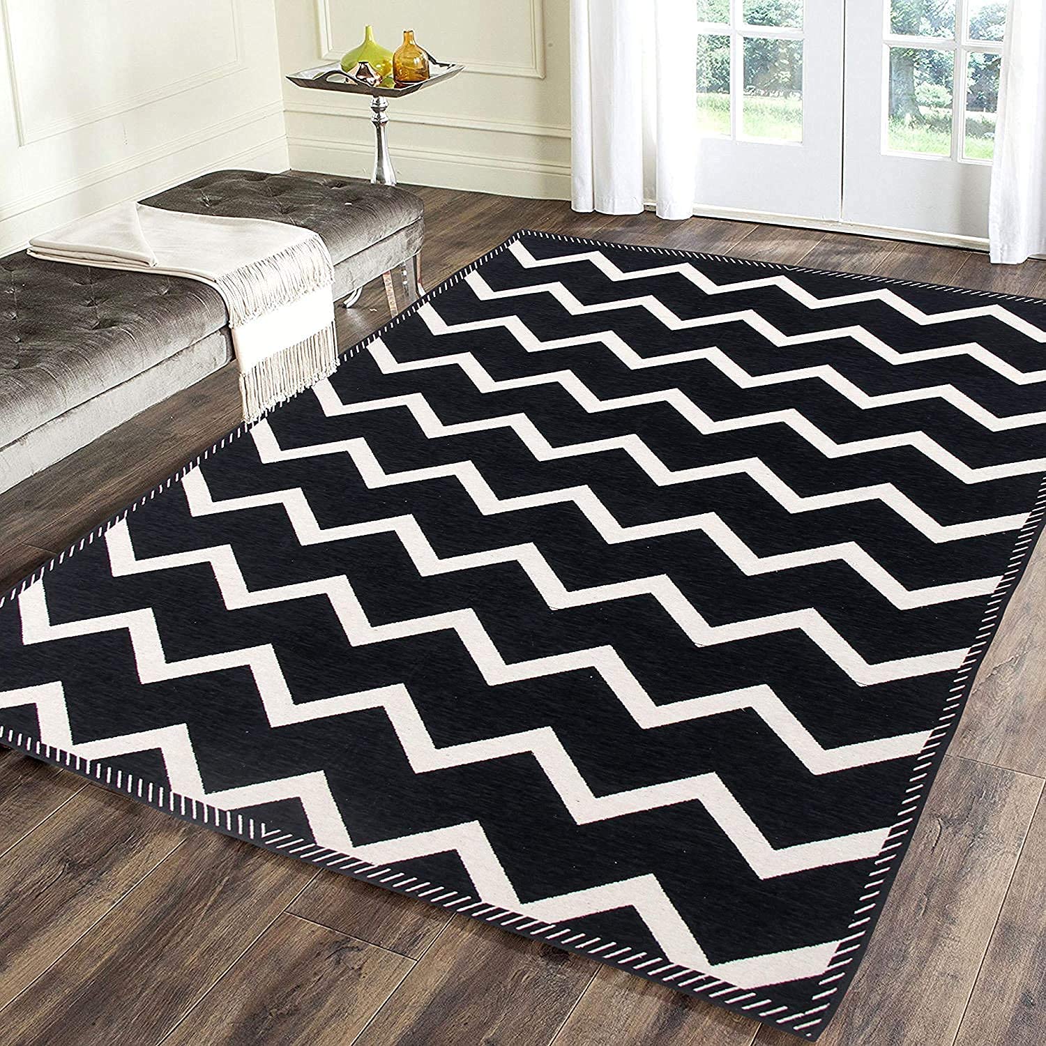 Premium Exclusive Chenille Rectangular Living Room Carpet, Area Rug, Durries, Bed Cover Ii (Black Zig Zag, 5X7 Feet)