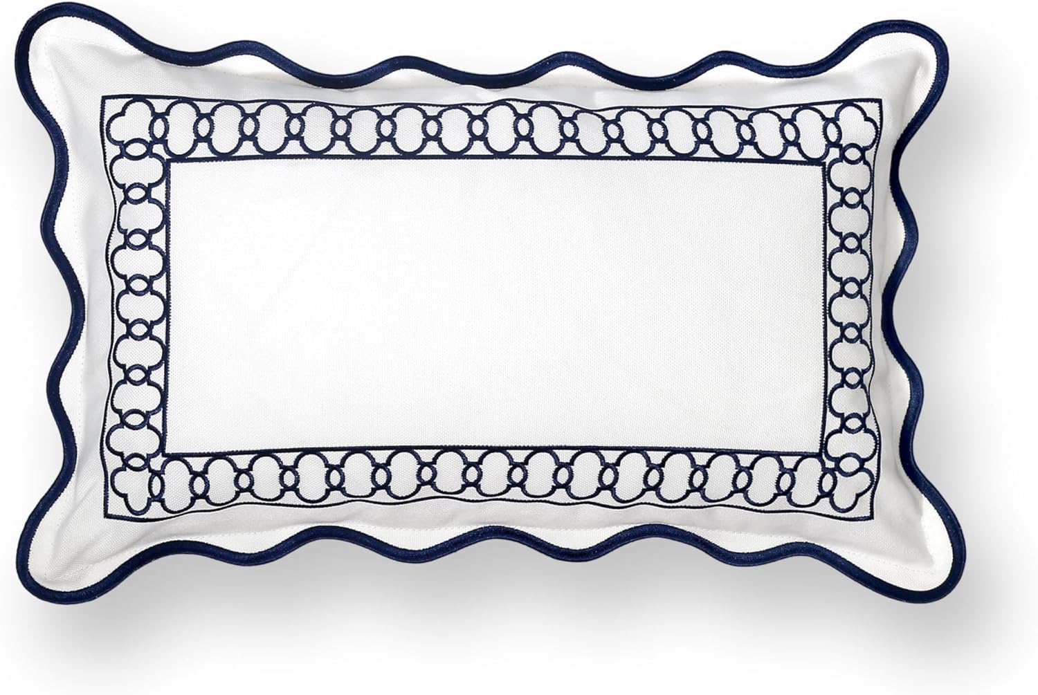 Hofdeco Premium Coastal Patio Indoor Outdoor Scalloped Lumbar Pillow Cover Only, 12"x20" Water Repellent for Backyard, Couch, Navy Blue Embroidered Begonia Pattern Chain Frame