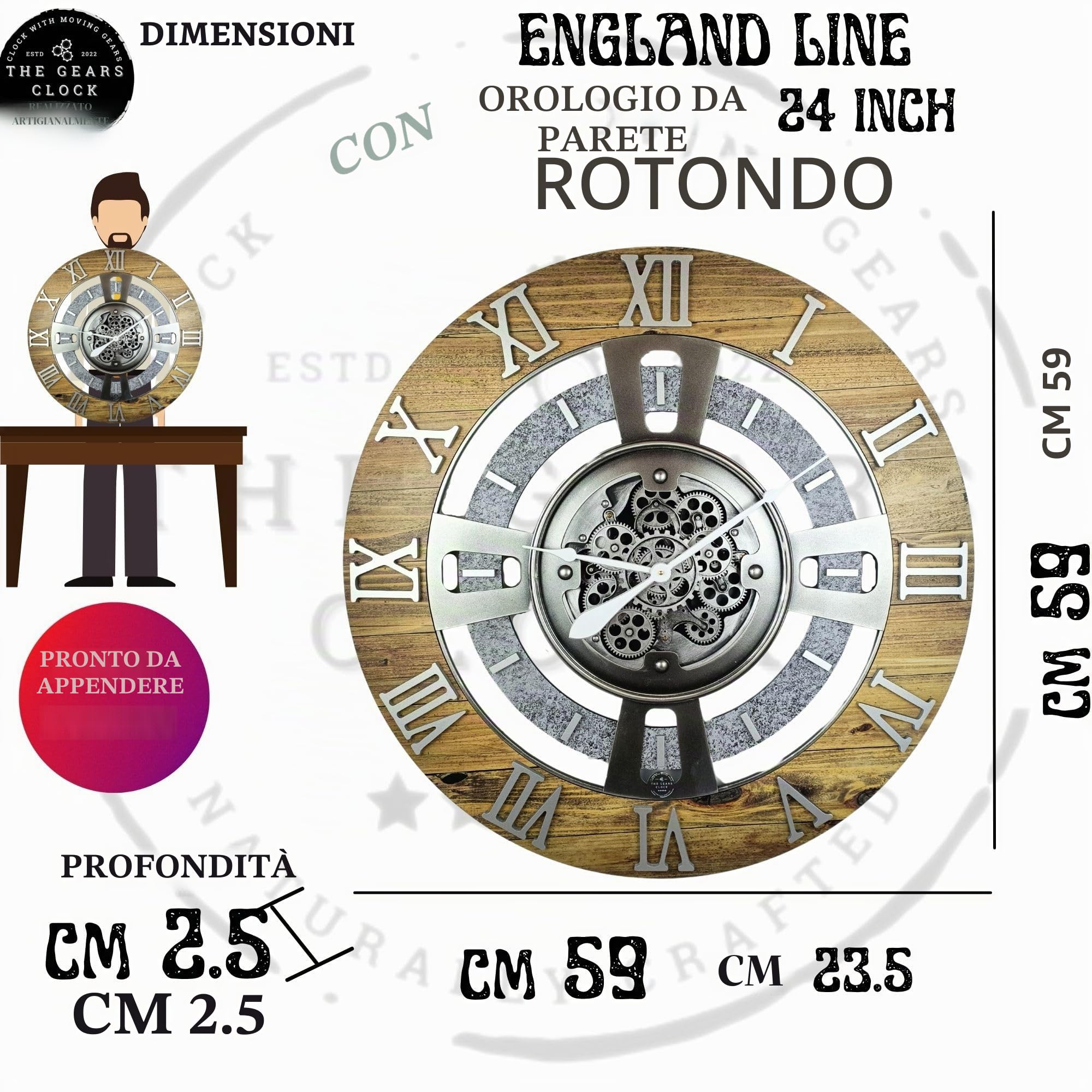 ImprovingLife - Orologio a ingranaggi con movimento reale, linea England (Blu Oceano, 60 cm)