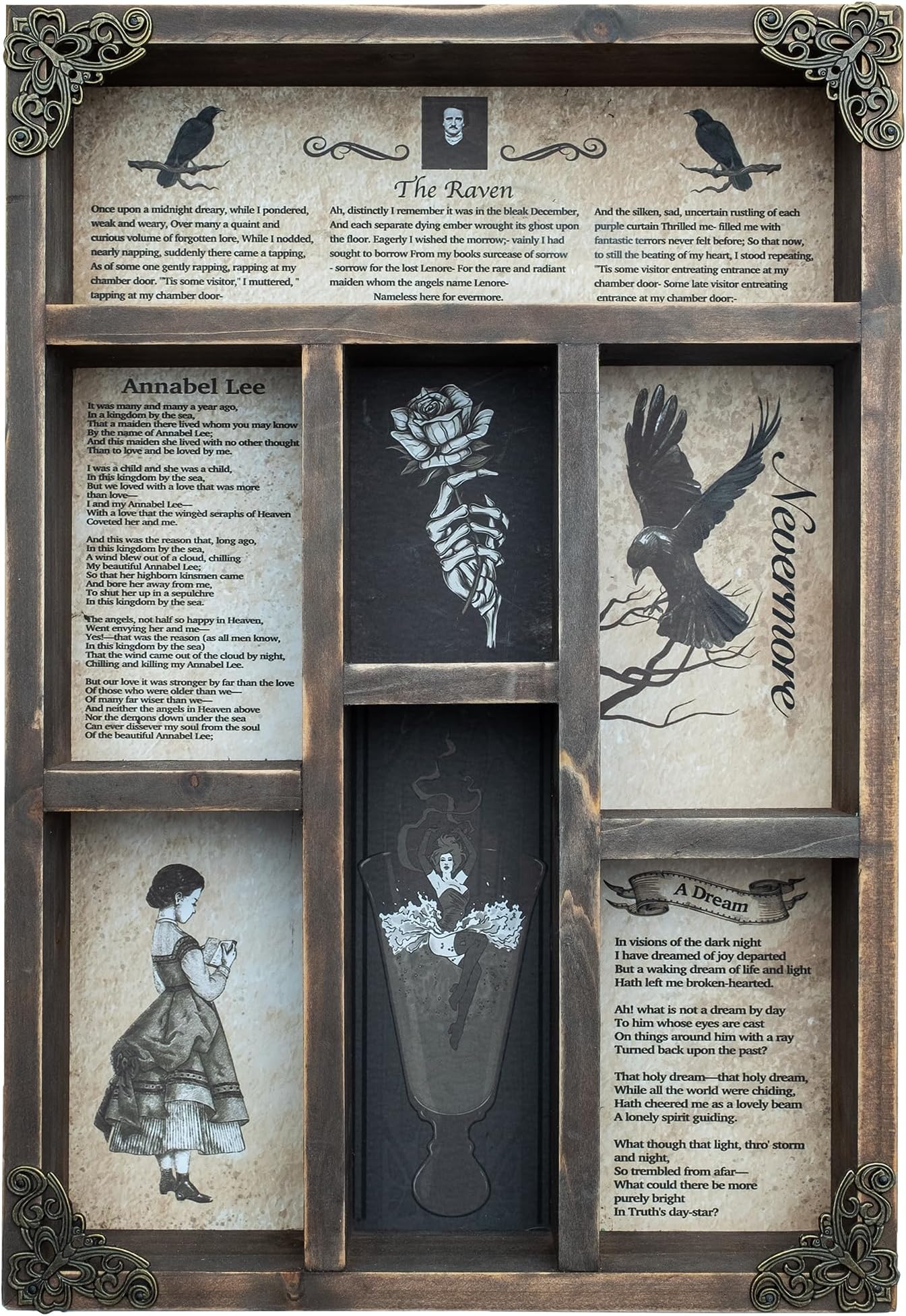 INSOVITA Rustic Edgar Allan Poe Poems Cabinet of Curiosities,Victorian Gothic Decor for Shelves, Small Wall Shelf, Halloween Decor, Floating Shelves, Vintage Wall Decor, Gift for Poetry/Goth Fans