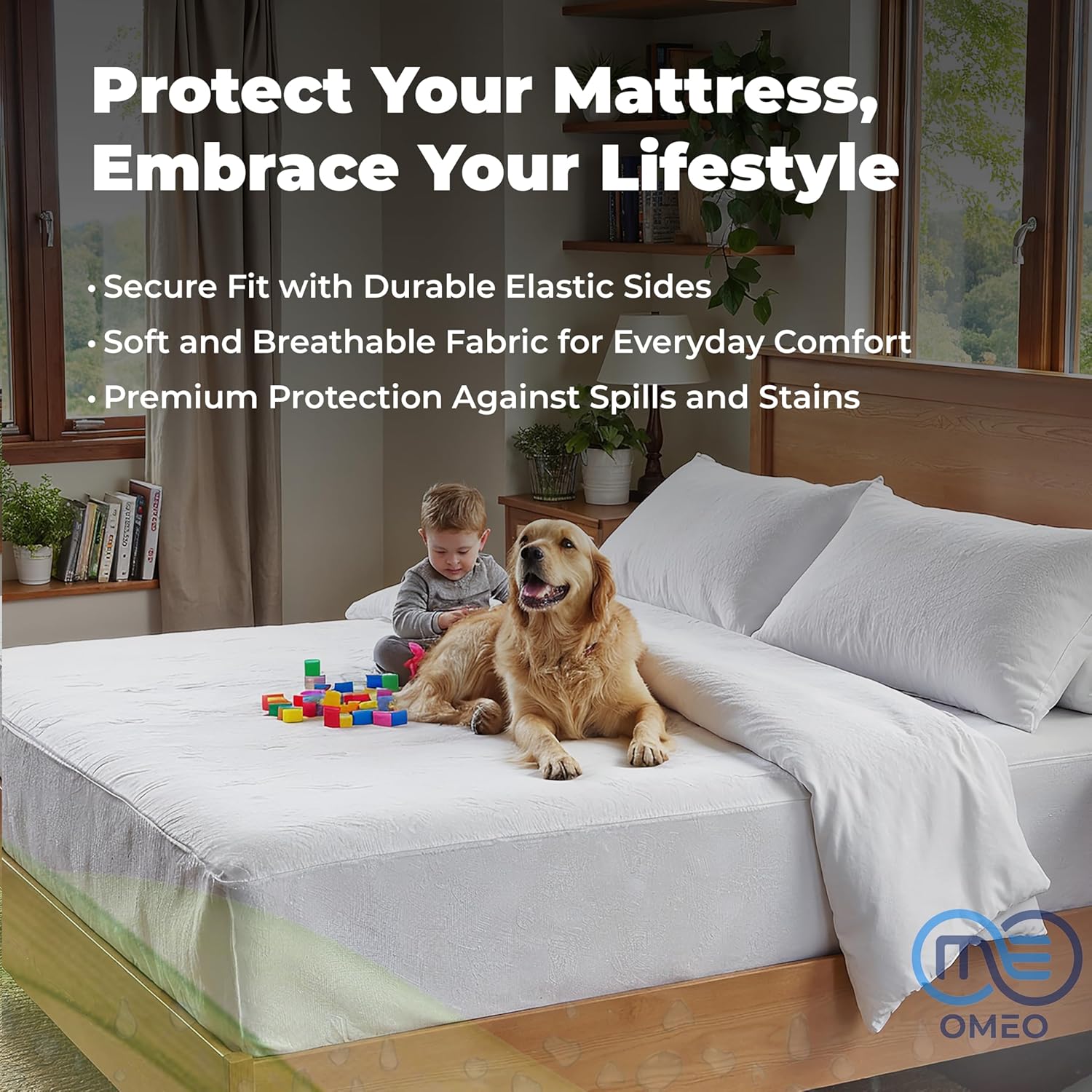 OMEO Waterproof Mattress Protector King Size Mattress Cover Protector Breathable Soft Machine Washable Cotton Mattress Cover for Bed
