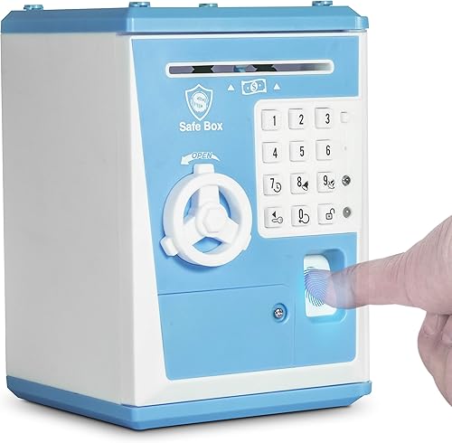 LIKE Alcancía de Juguete Caja Fuerte con Huella Dactilar Cajero Automático Banco Máquina de Dinero y Monedas Caja de Ahorros para Niños Azul