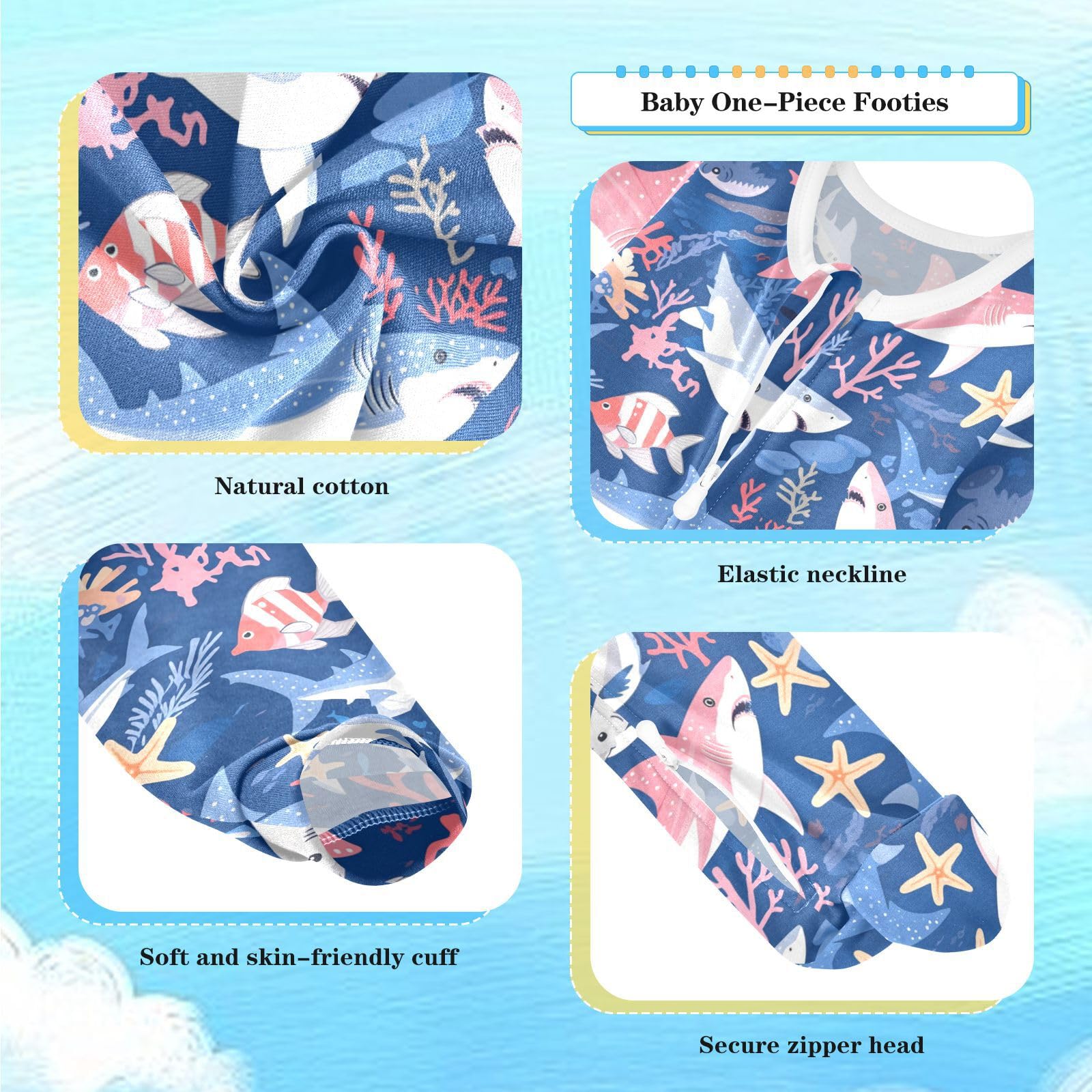 Wusikd Sharks Starfish One-Piece Footies Corals Bodysuit Rompers Zipper for Boys Girls 6M