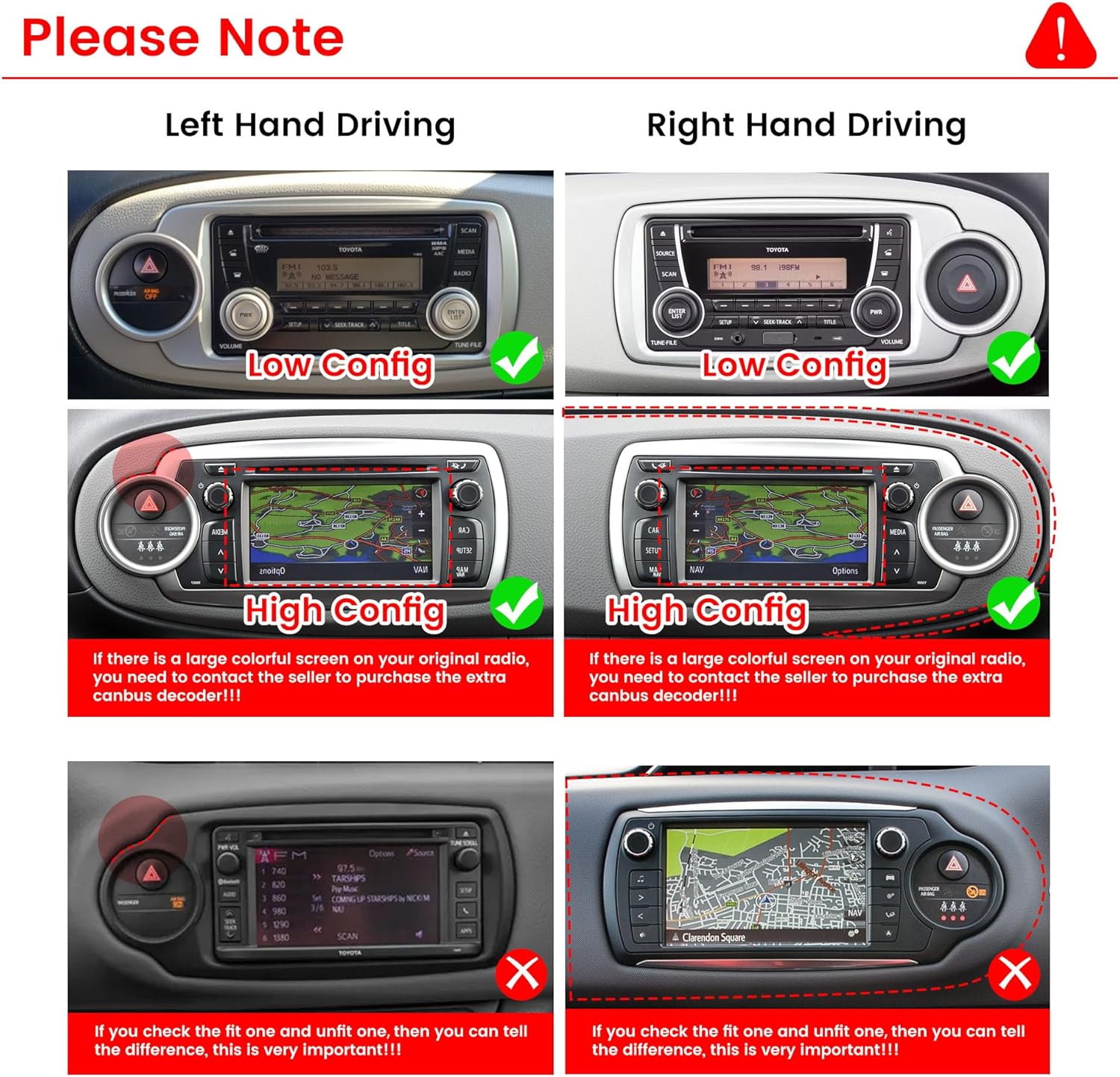 Compatibility check for Toyota Yaris dashboard configurations, showing 'Low Config' and 'High Config' for both left-hand and right-hand drive vehicles. A note indicates that a canbus decoder may be required for 'High Config' original radios with a colorful screen.
