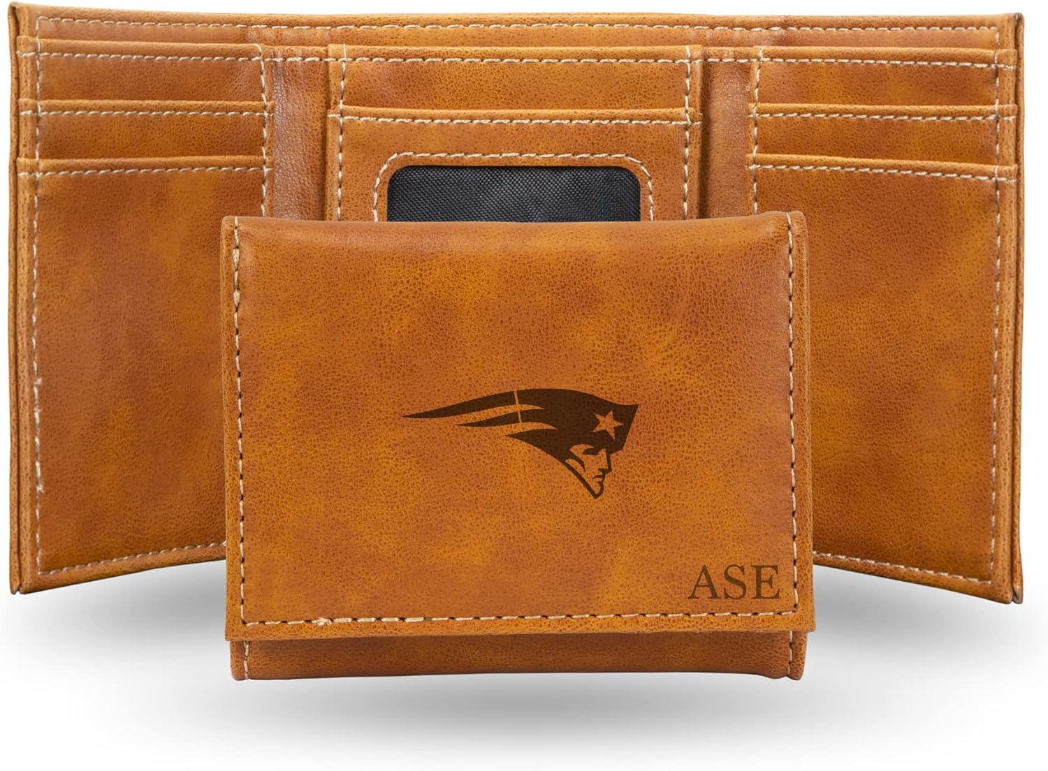 Rico Industries NFL New England Patriots Brown Personalized-Custom Laser Engraved Faux Leather Tri-fold Wallet - Slim Wallet