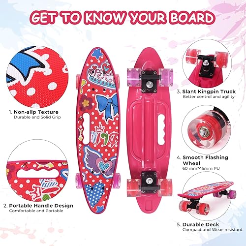 Miniatura 15 de Nattork Patinetas de 22 pulgadas Mini Cruiser Skateboard Completo Retro Patineta con ruedas coloridas iluminadas para niños, niñas, niños Azul