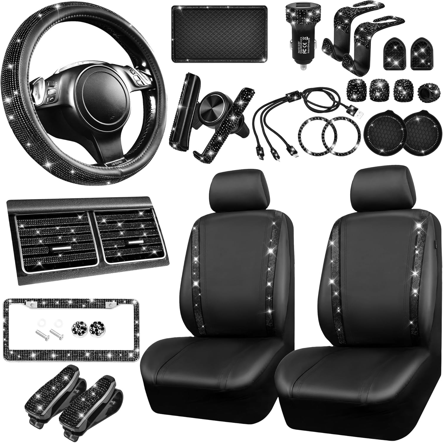 CAR PASS 34 PCS Bling Car Accessories Set for Women, Leather Car Seat Covers