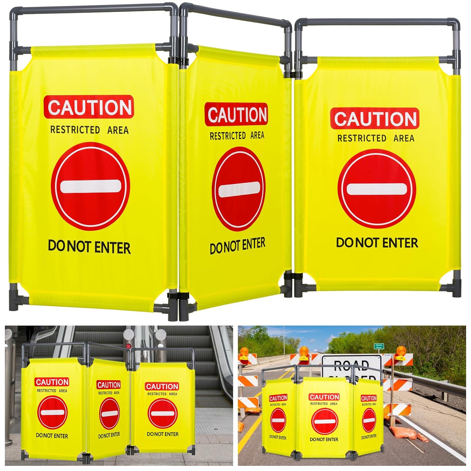 3 Panels Security Barricade Heavy Responsibility PVC Body 5.8FT Foldable Safety Signal Barrier Gate Excessive Visibility Warning Image Crowd Management Restricted Space Pedestrian Barricade”DO NOT Enter”(Yellow)