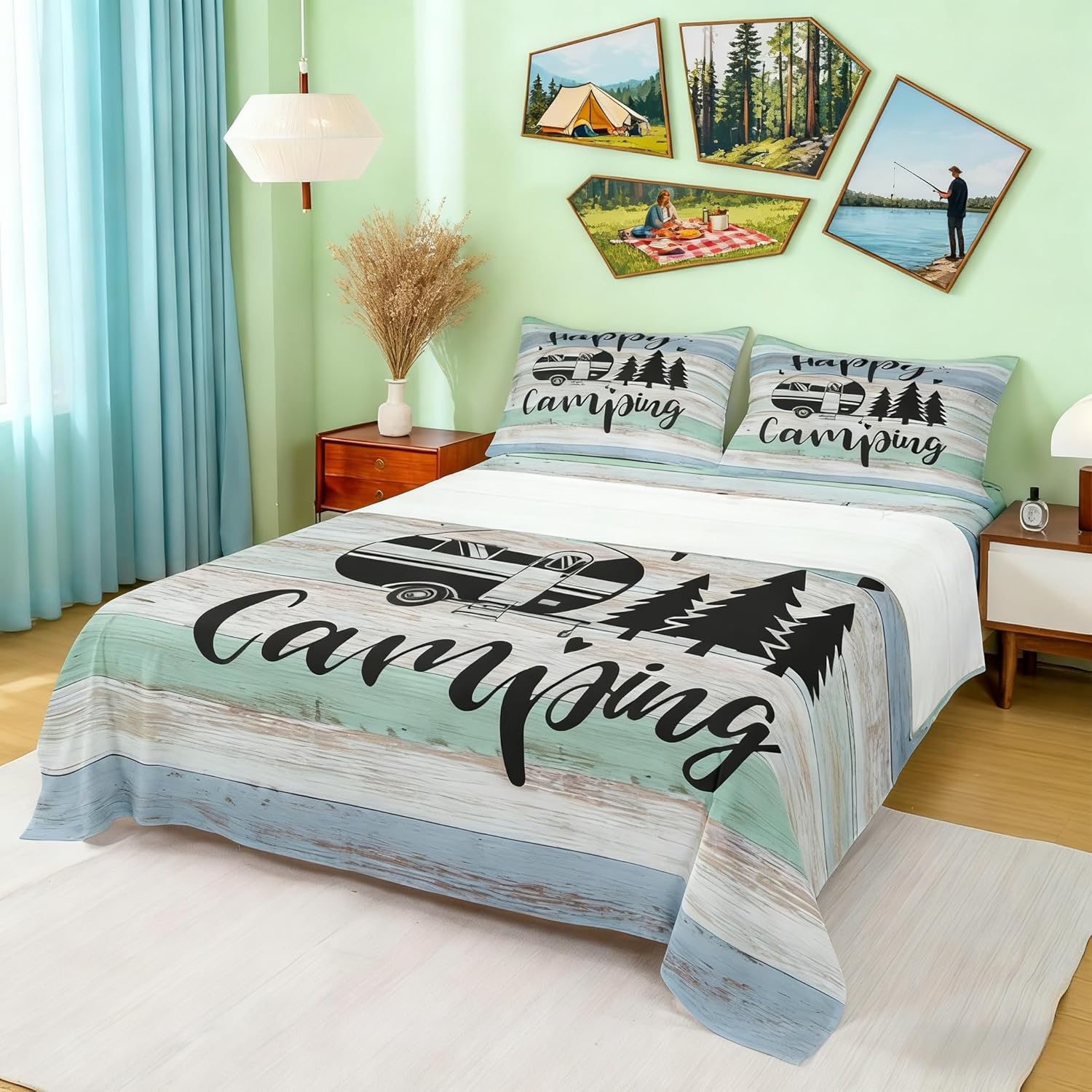 Castle Fairy Rustic Farmhouse Style Fitted Sheet Set Queen Size,Camper Sheets,Happy Camping Black Sketch Drawing Bedding Sets (1 Fitted,1 Flat,2 Pillowcases) Luxury Deep Pocket Bed Sheets