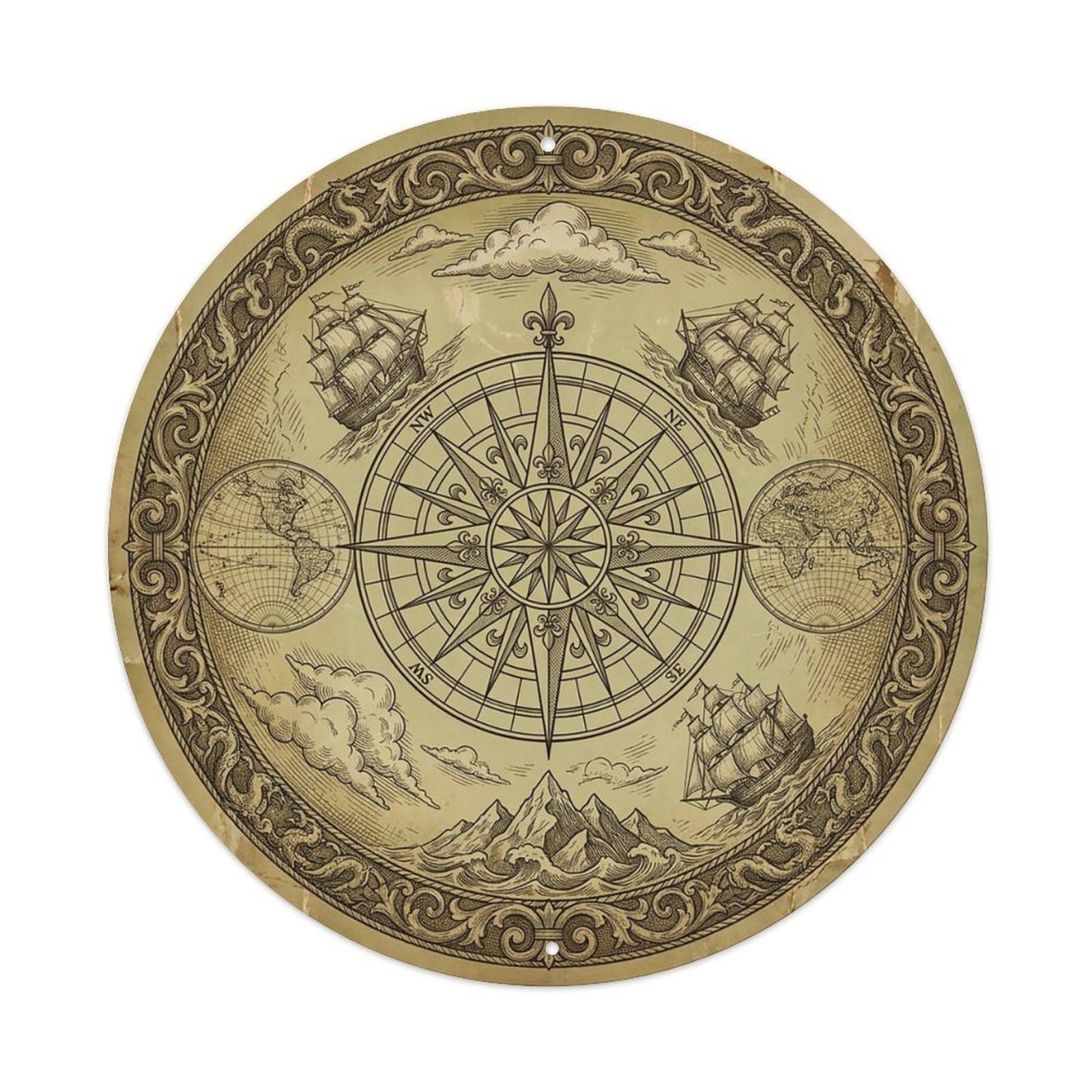 Vintage Nautical Compass World Map Crossing Heritage Metal Tin Sign