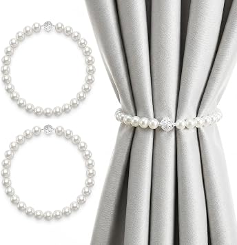 Ptwola 2 Pack Pearl Magnetic Curtain Tiebacks Elegant Curtain Holders Decorative Beaded Curtain Holdbacks Curtain Ties Accessories for Home Office Window Living Room Bedroom Decor No Drill