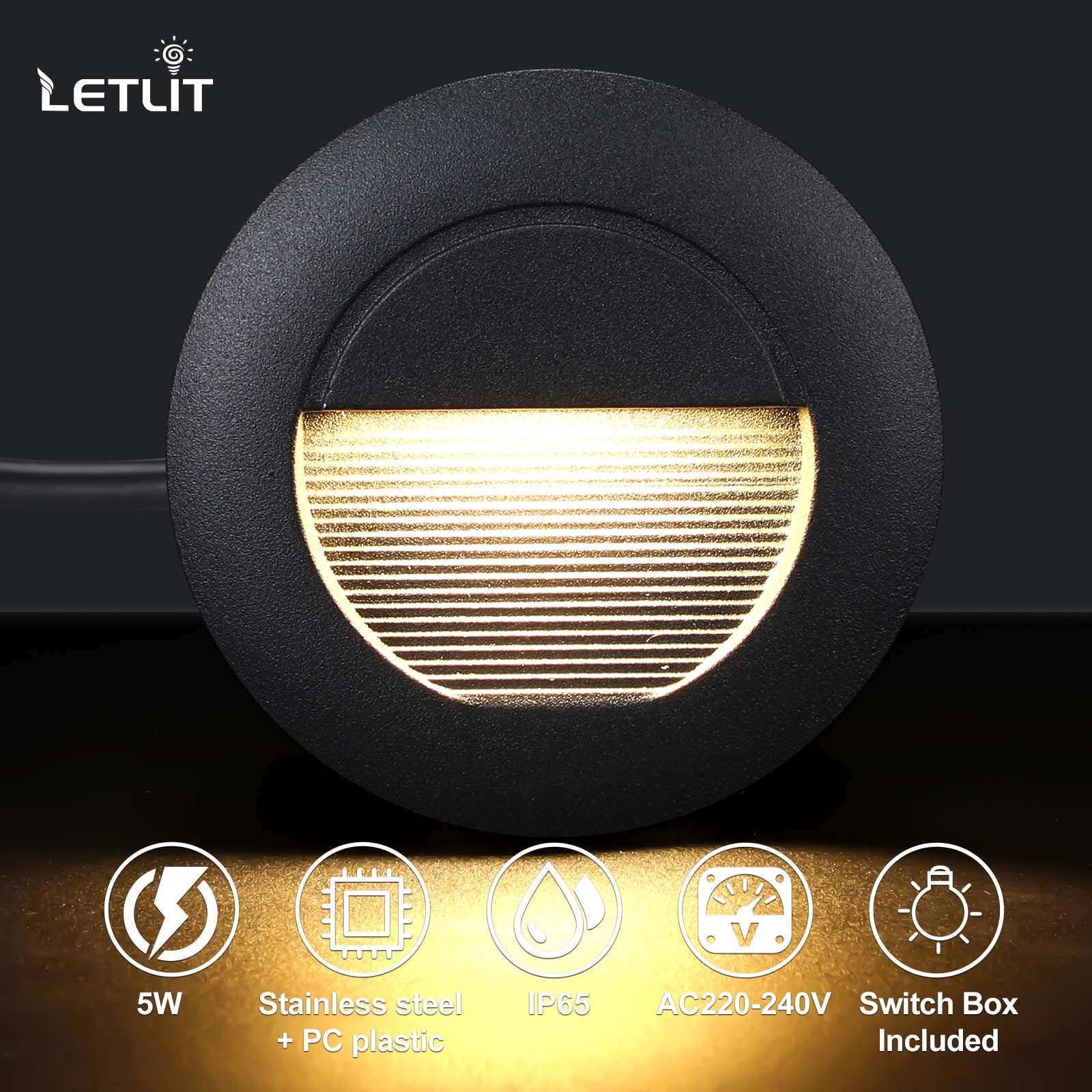 6 Stück Treppenbeleuchtung 5W 500lm, COB LED Treppenstufenbeleuchtung 230V 3000K, 85x85mm, IP65 Wandeinbauleuchte Rund Treppenlicht für Treppen Wand, Unterputzdosen 68mm, Aluminium Schwarz