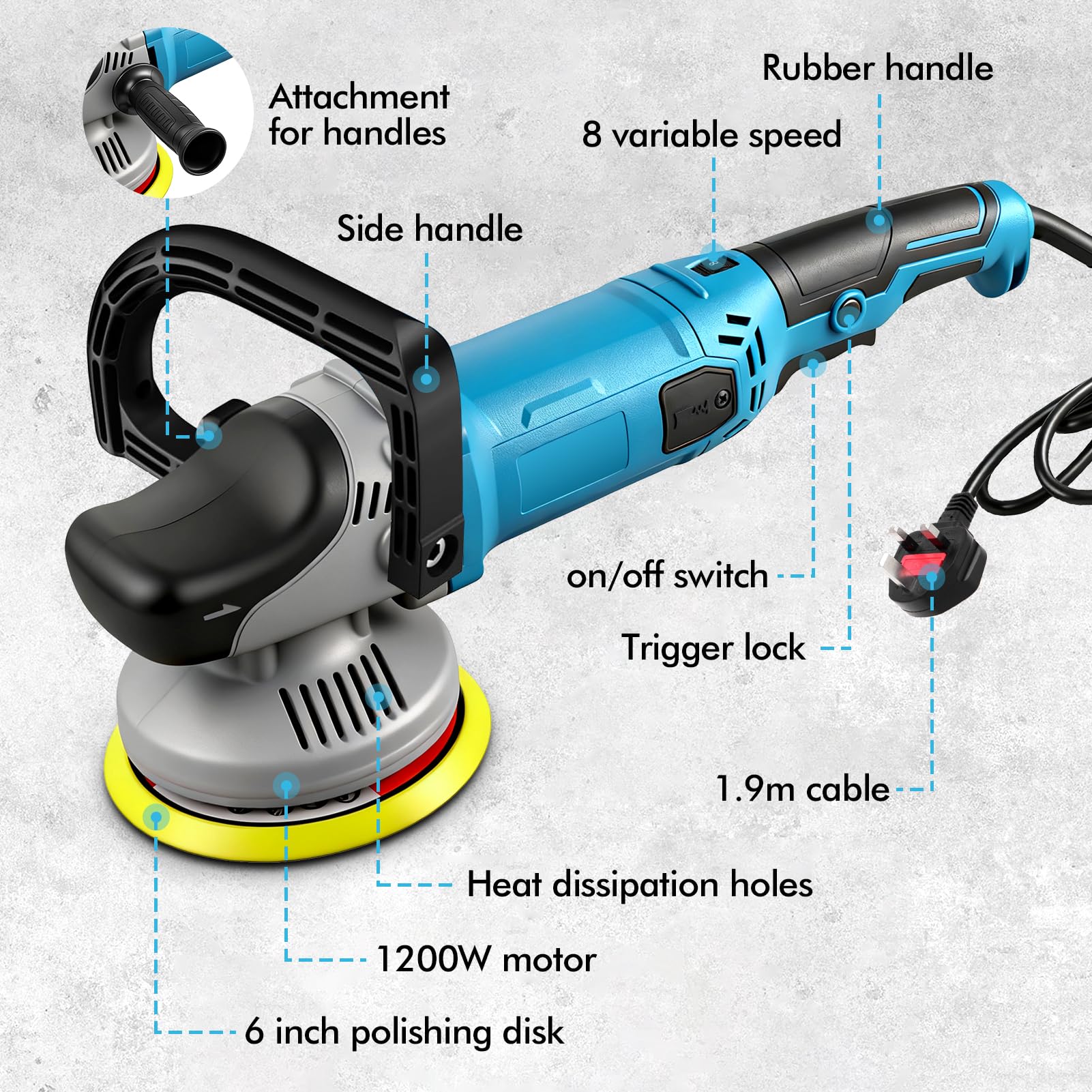 Poliermaschine Auto Set, 1200W Auto Exzenter Poliermaschine, 26 pcs Professional Set, 8 Geschwindigkeiten, 2M Kabel, 6 Zoll Orbital Auto Politur für Wachsen/Autodetaillierung