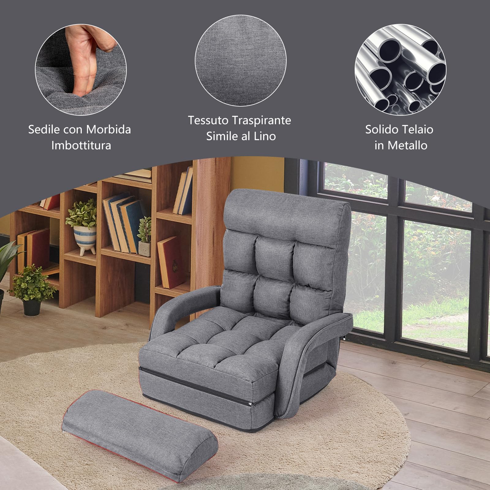 COSTWAY Poltrona Divano con 5 Livelli Regolabili, Sedia da Terra con Braccioli e Cuscino, Struttura in Acciaio, Multifunzione e Pieghevole per Soggiorno Camera da Letto, 55x66x71 cm (Grigio)