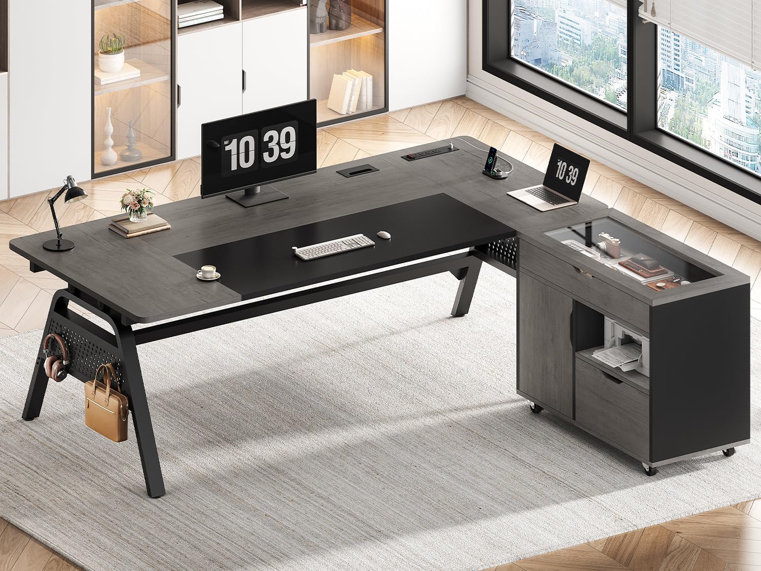 SEDETA L Shaped Computer Desk with Mobile File Cabinet & Power Outlets, Executive Home Office Desk with Storage Drawers, Pegboard, Cable Management, Reversible L Desk for Work & Gaming, Black + Gray