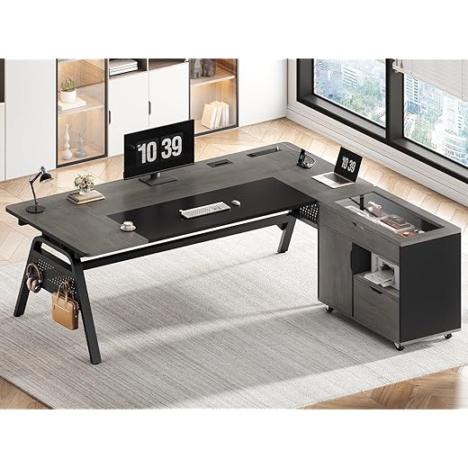 SEDETA L Shaped Computer Desk with Mobile File Cabinet & Power Outlets, Executive Home Office Desk with Storage Drawers, Pegboard, Cable Management, Reversible L Desk for Work & Gaming, Black + Gray