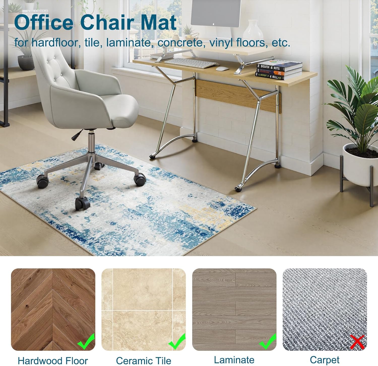 Anidaroel Home Office Chair Mat for Hardwood Floor/Tile, 36"x48" Floor Mat for Office Chair, Blue Office Rugs for Rolling Chairs, Anti-Slip Desk Chair Mat for Hardwood, Low Pile Office Chairs Rug