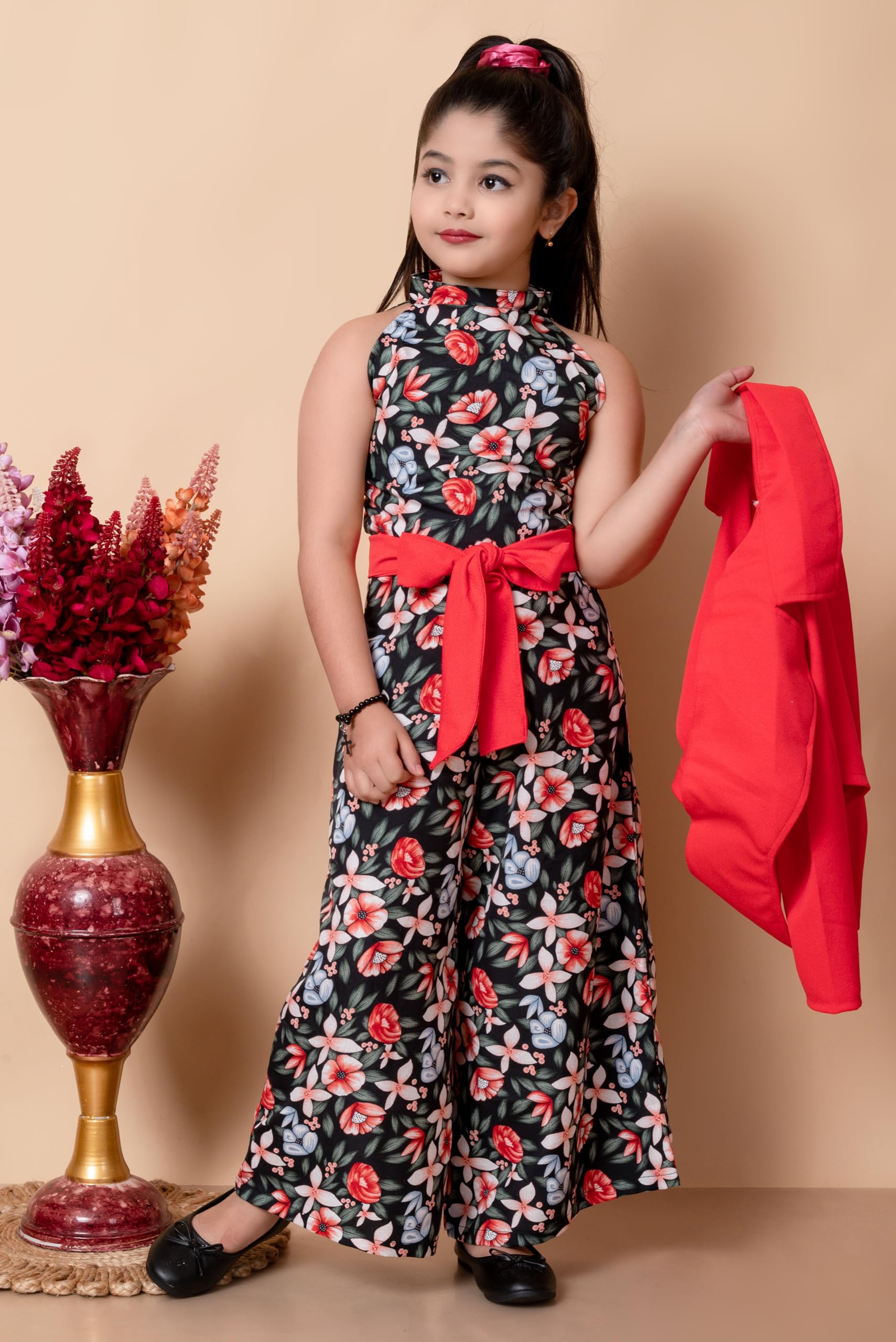SPAMitude Girls Self Designed Premium Cotton Jacket Jumpsuit Dress | Floral Printed Jumpsuit Jacket Set for Birthday Girl (10-11 years, Red) - Image 3 thumbnail