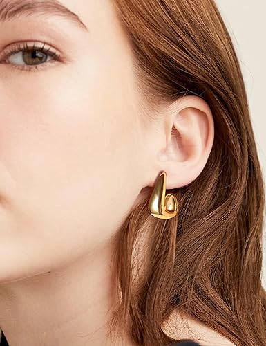 Miniatura 3 de Aretes de aro gruesos de oro para mujer, chapados en oro de 14 quilates, plata de ley 925, aros ligeros, aretes de cadena de clips de papel