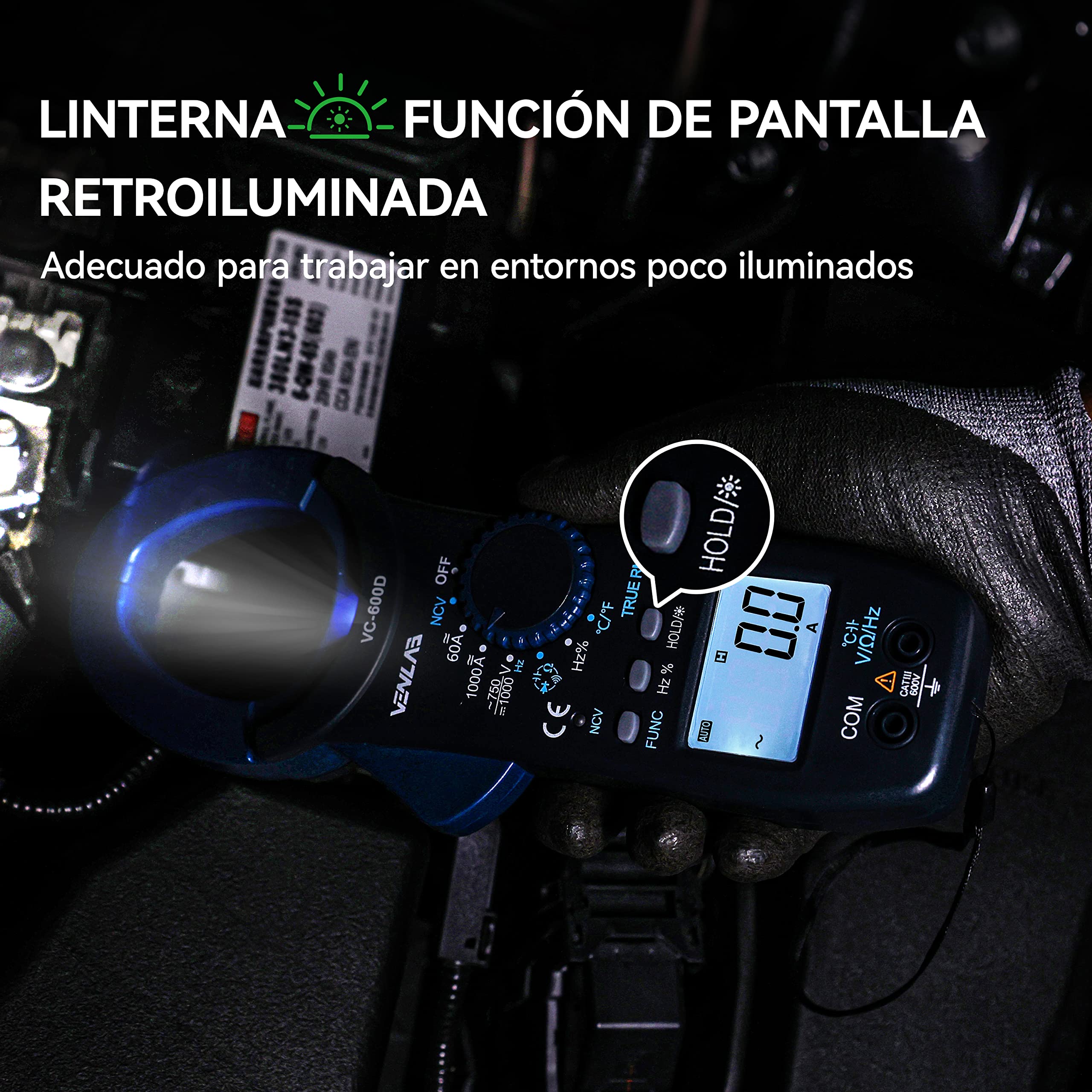 VENLAB Pinza Amperimétrica CA/CC 1000A, TRMS 6000 Cuentas, Pinza de corriente Voltaje, Medir Corriente y Tensión CA/CC, NCV, Resistencia, Capacitancia, Diodos, Continuidad, Frecuencia, Temperatura