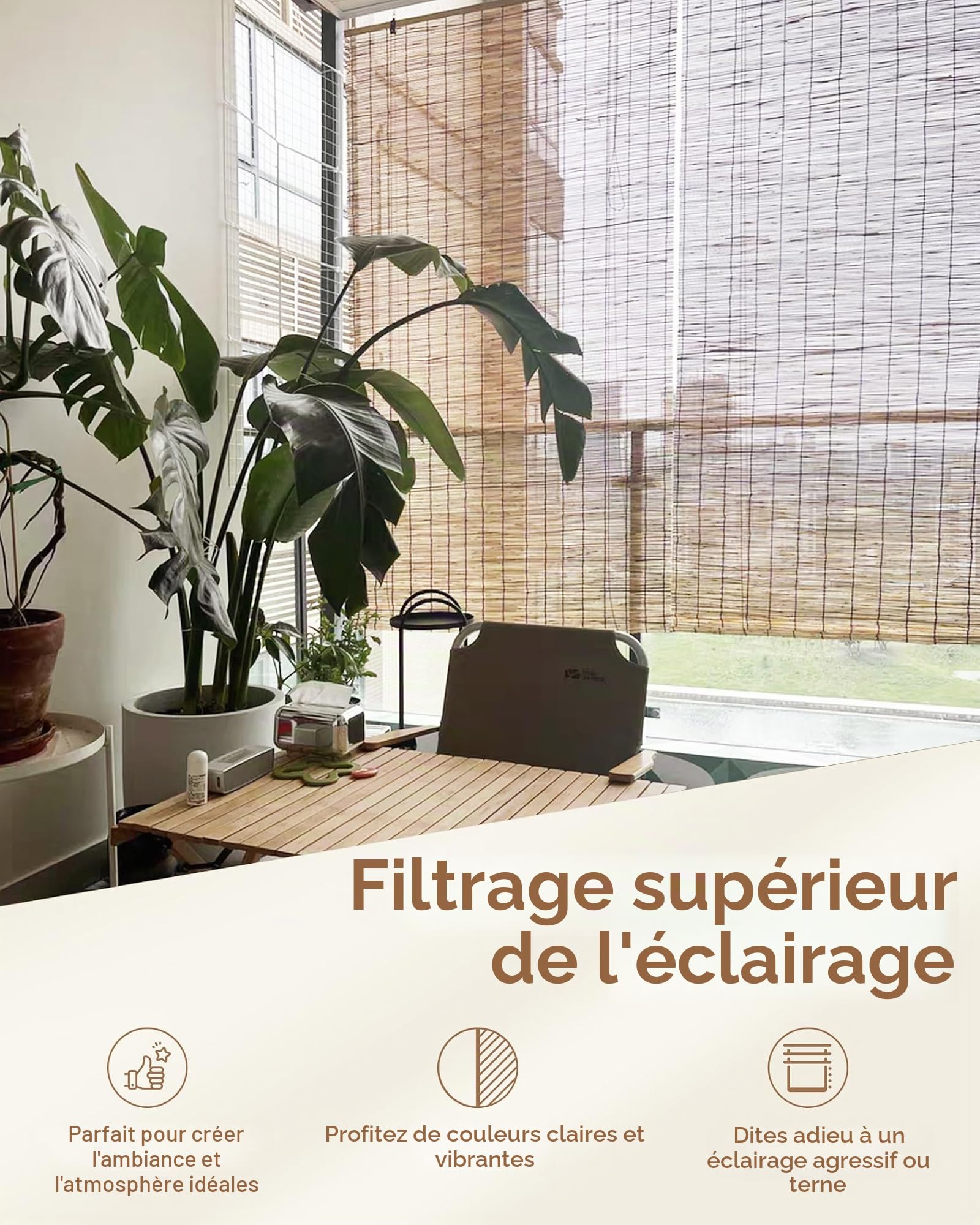 FoundGo Store en Bambou Volet Enrouleur Venitien de Protection Visuelle et Solaire Rideau Occultant à Traction Latérale pour Fenêtres et Portes Taille Personnalisée:WxL: 60x120cm