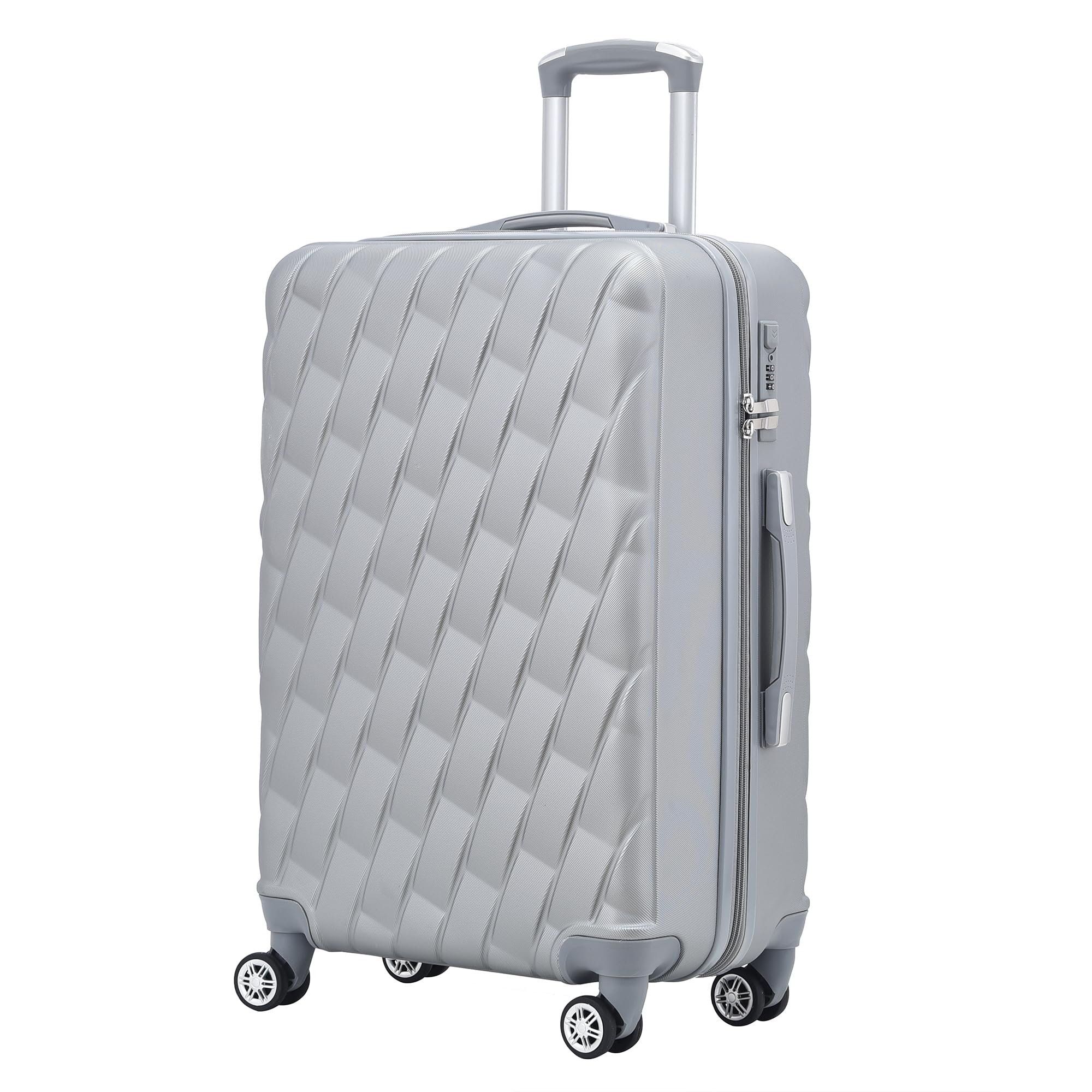 CMY24" Medium Super Lightweight Hard Shell ABS+PC Travel Hold Check in Luggage Suitcase with 4 Dual Spinner Wheels Trolley Bag 3 Digit Combination Lock Telescopic Handle (Silver, 24)
