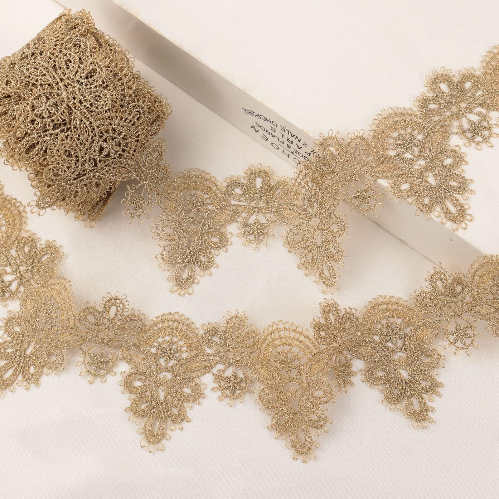 Gold Lace Trim 4.8 Yards Venice Gold Ribbon Metaillic Embroidery Lace for Sewing, Cake Fringe, Wedding Bridal Dress