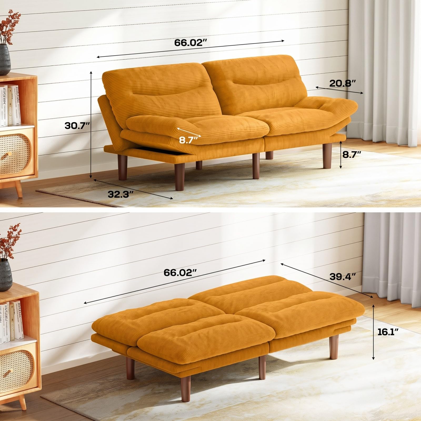 Marsail 66.02" Futon Sofa Bed, Convertible Corduroy Futon Couch with Adjustable Backrest & Armrests, Small Sleeper Sofa Loveseat for Living Room, Apartment, Office, Yellow