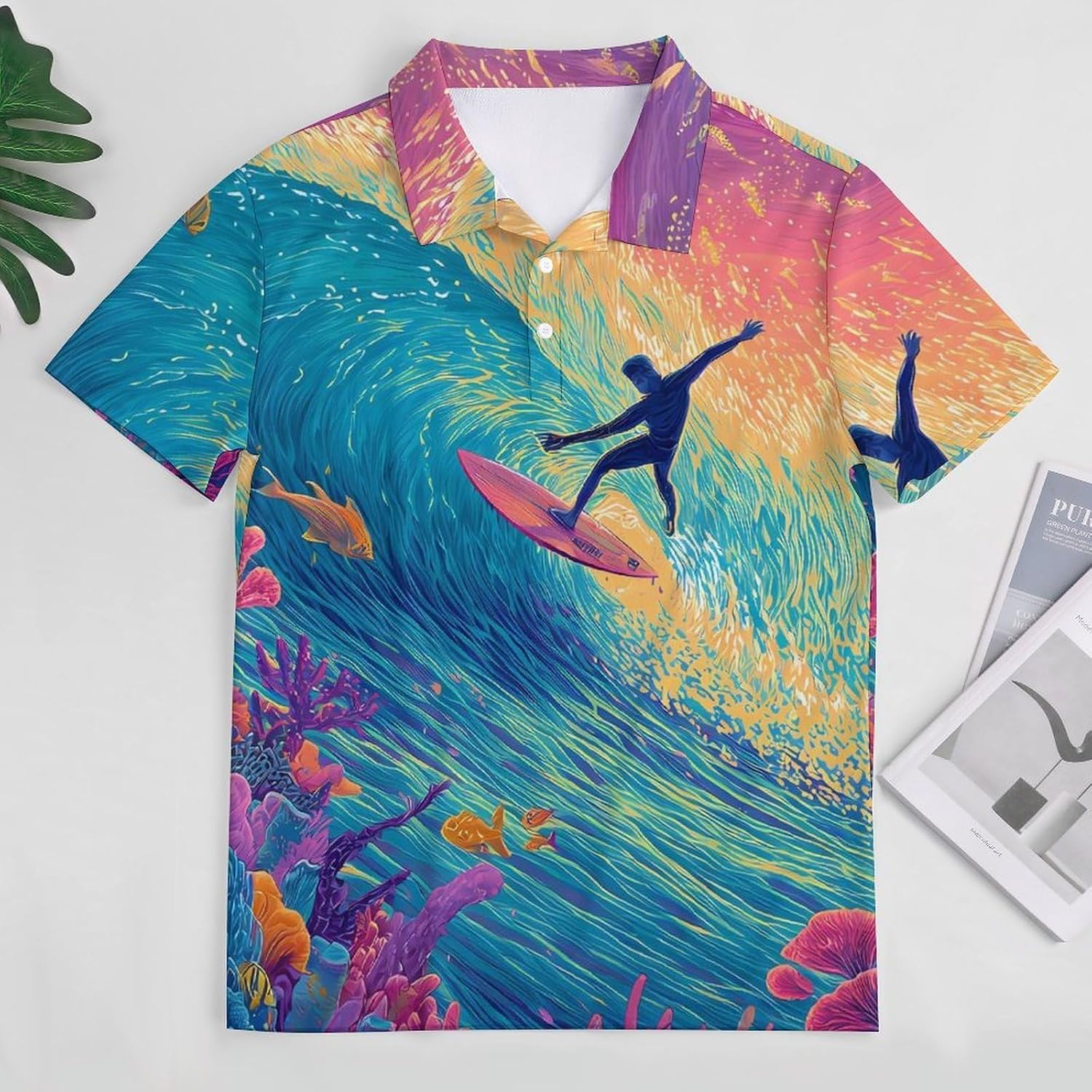Surfer Riding Waves Sea Coral Dreamy Golf Polo Shirts for Men Casual T Shirts 5X-Large