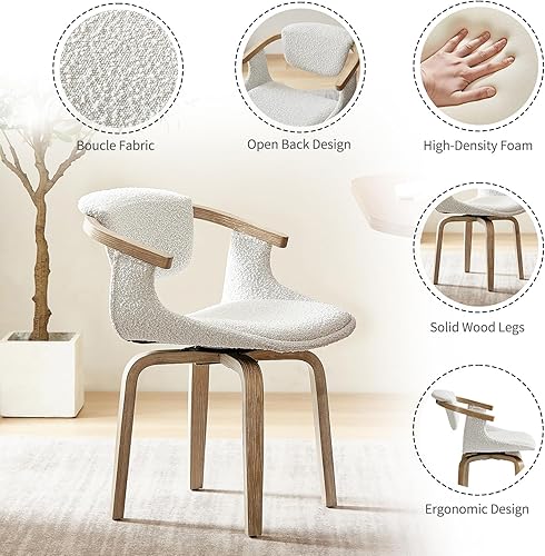 Miniatura 4 de Zouron Silla de escritorio giratoria sin ruedas, silla de oficina moderna de mediados de siglo, silla de comedor Boucle con patas de madera, silla