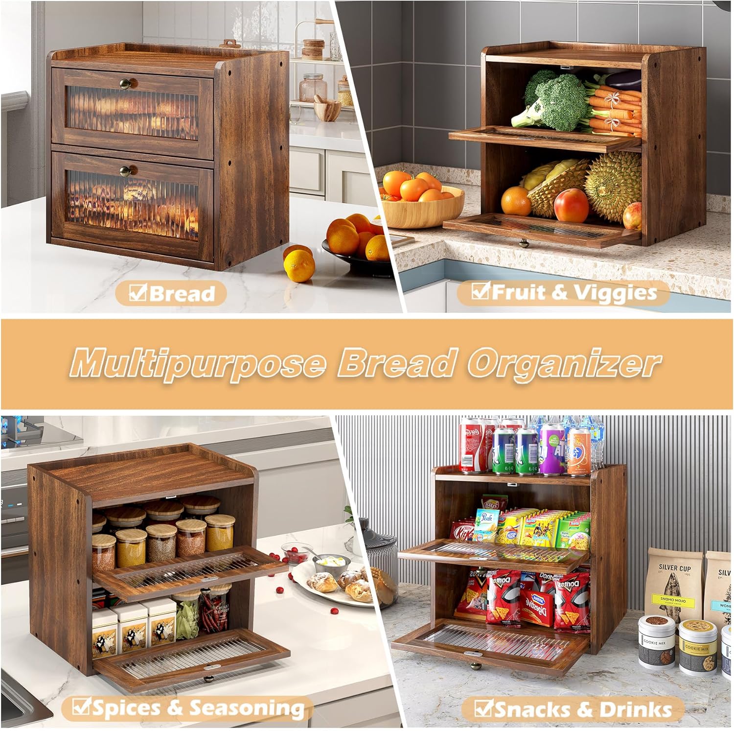 Alpeir Double Layer Large Bread Box for Kitchen Counter, Wooden Corner Bread Storage Container with Acrylic Window, Retro Brown