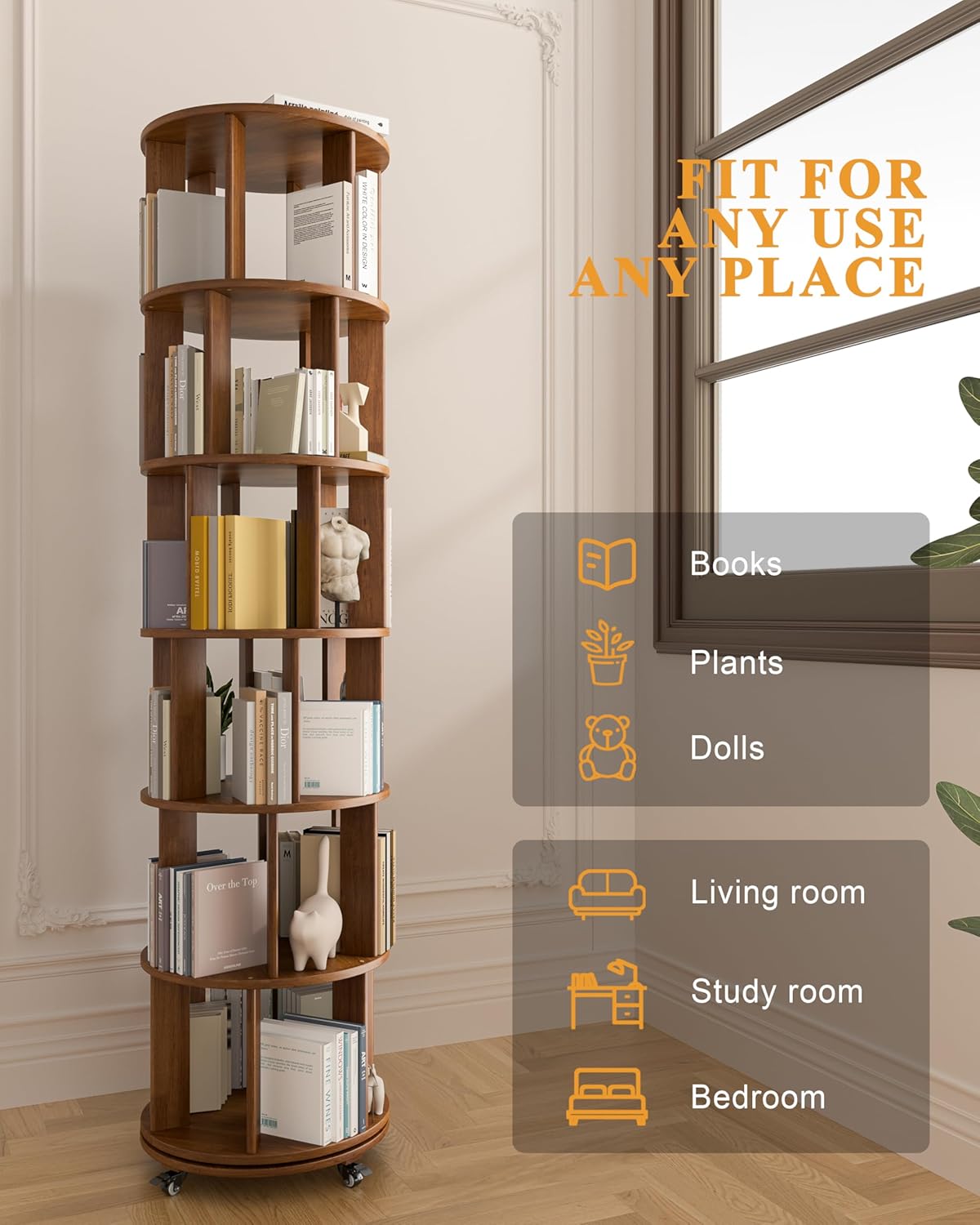 Rotating Bookshelf, 6-Tier Solid Wood Revolving Bookcase on Wheels, 360° Spinning Bookshelf Tower with Lockable Casters, Tall Round Book Tower for Home Office, Living Room, Bedroom, Walnut