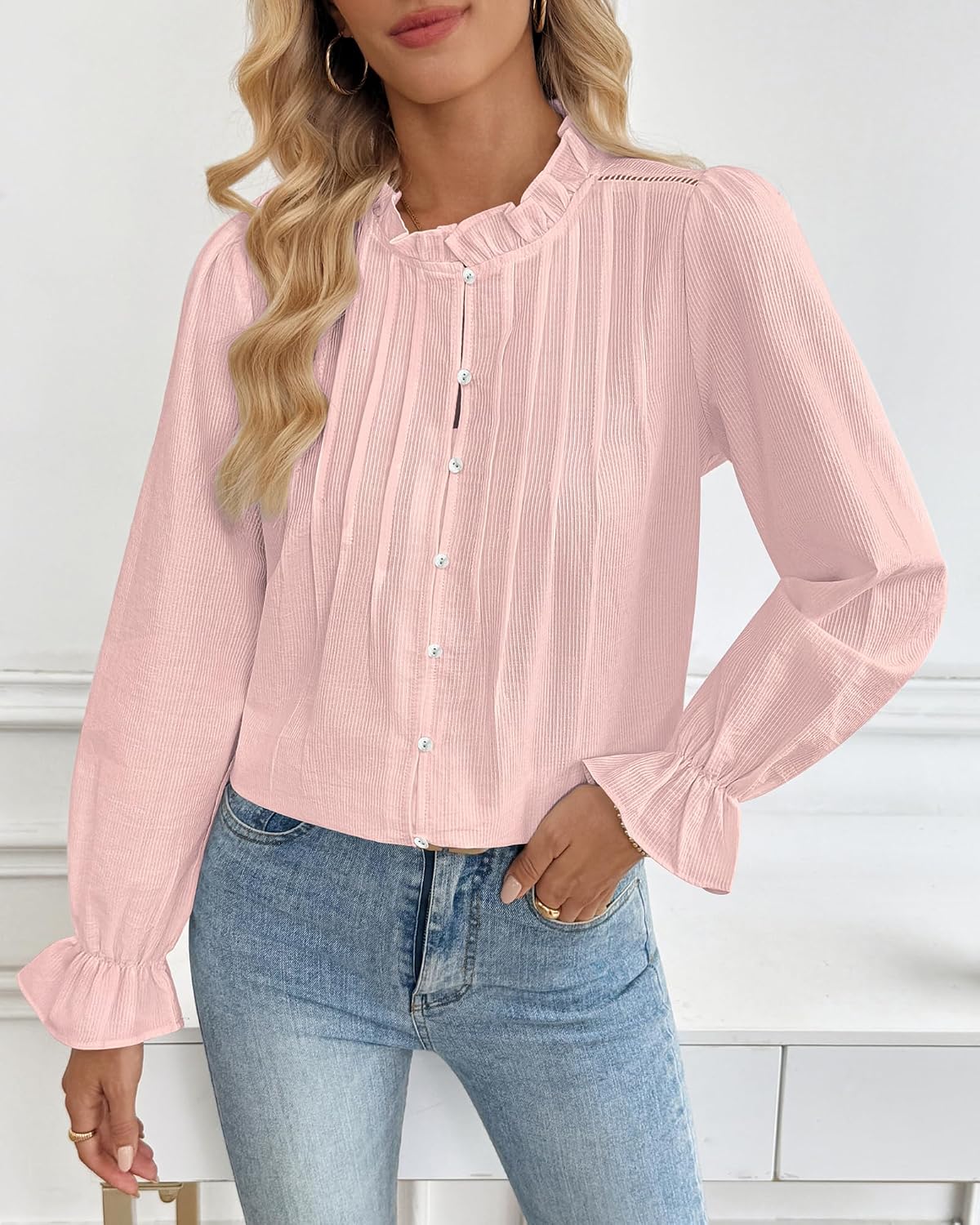 Bsubseach Women Puff Long Sleeve Shirt Textured Button Down Cotton Work Blouse Eyelet Ruffle Collar Dressy Casual Tops