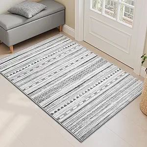 Small Area Rug-2x3 Entryway Rug Non Slip Washable Low Pile Indoor Door Mat Neutral Distressed Boho Moroccan Entrance Rugs Carpet for Bedroom Kitchen Powder Room Front Porch Bathroom, Black