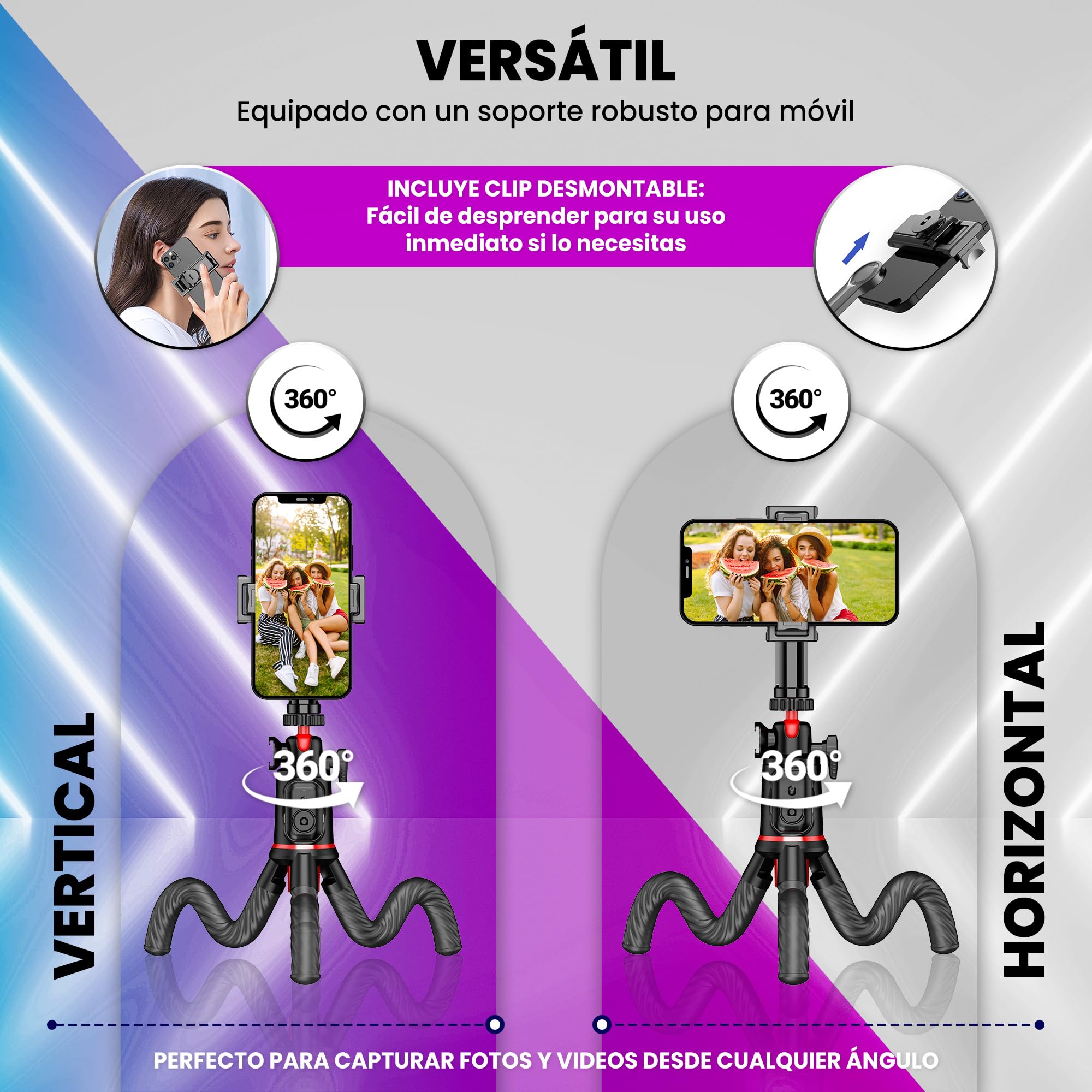 KHROMAX Treppiede flessibile 3-in-1 con Selfie Stick estensibile 64 cm + controllo Bluetooth, compatibile Phone/Android