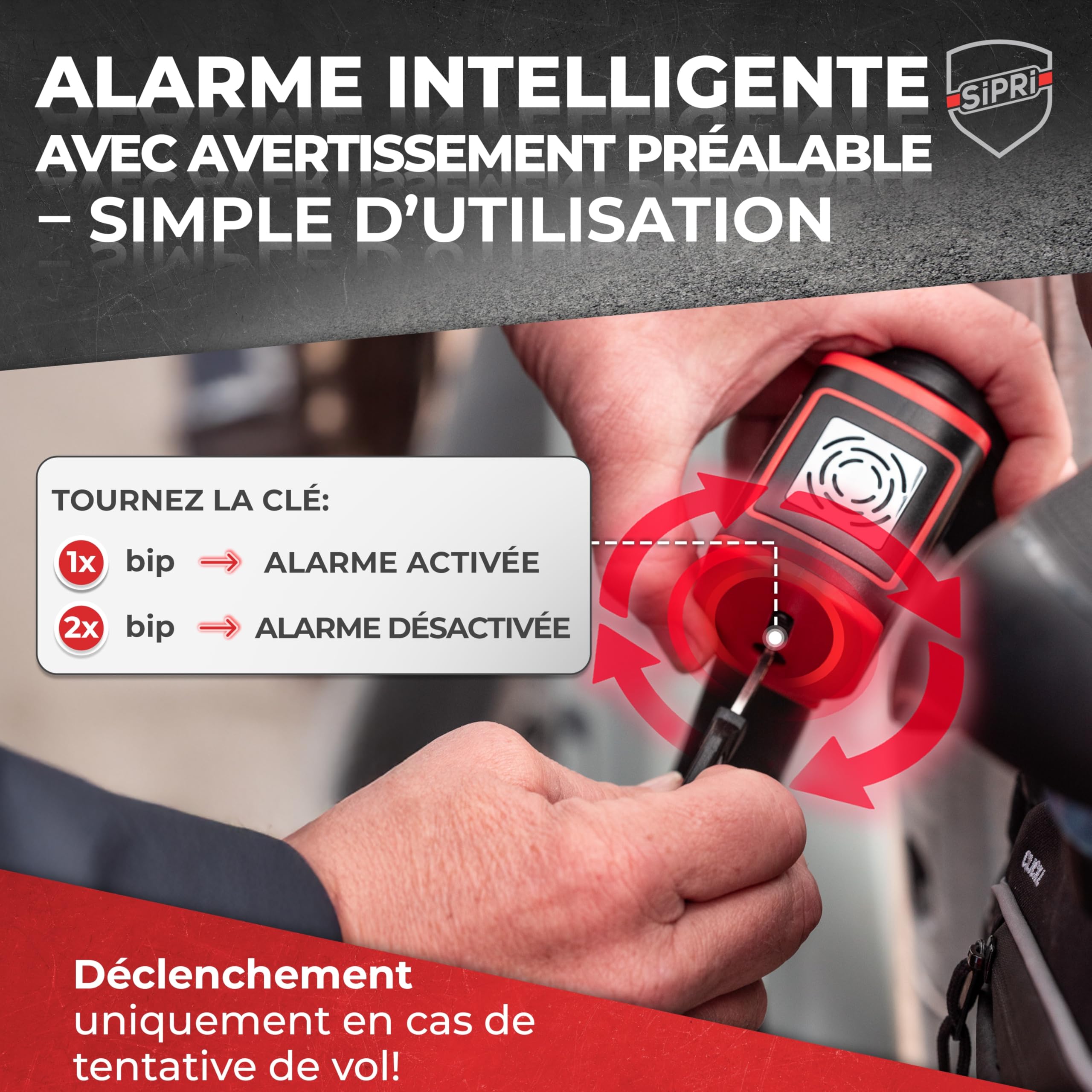 SIPRI Antivol pliable pour vélo, avec alarme, 120 dB, haute sécurité | vélo électrique, scooter électrique, moto, acier 8 mm, 116 cm, résistant aux intempéries, robuste, clé