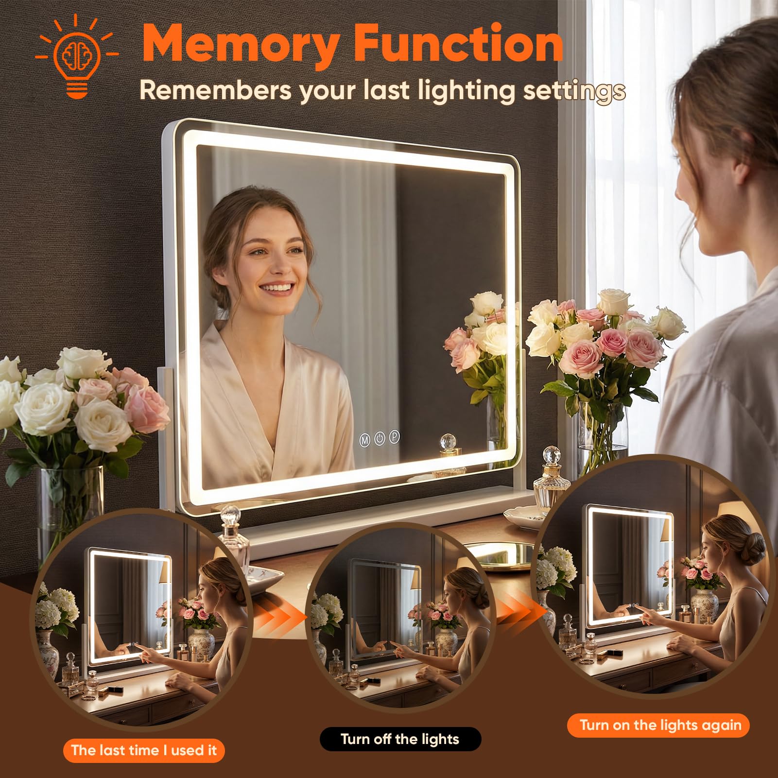 Antok Luces de espejo de maquillaje, 13 x 18 pulgadas, espejo de tocador grande con luz LED para mesa de dormitorio, tacto inteligente, con aumento desmontable de 10 veces