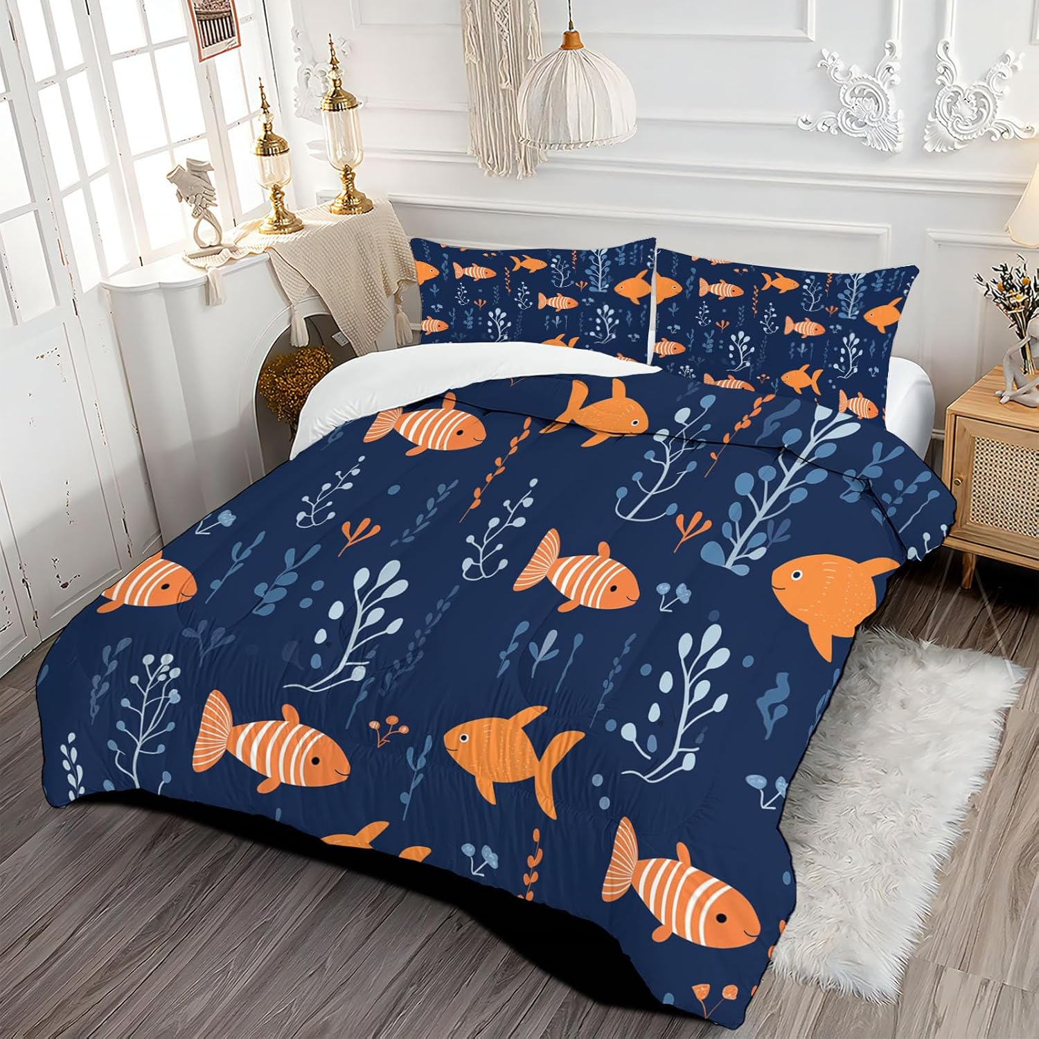 Cartoon Fish and Seaweed Printed Comforter Set Twin Size, Marine Life Bedding Set Super Soft Duvet Insert with 1 Pillowcases for All Season for Adults Kids 68 x 86in, Navy Blue