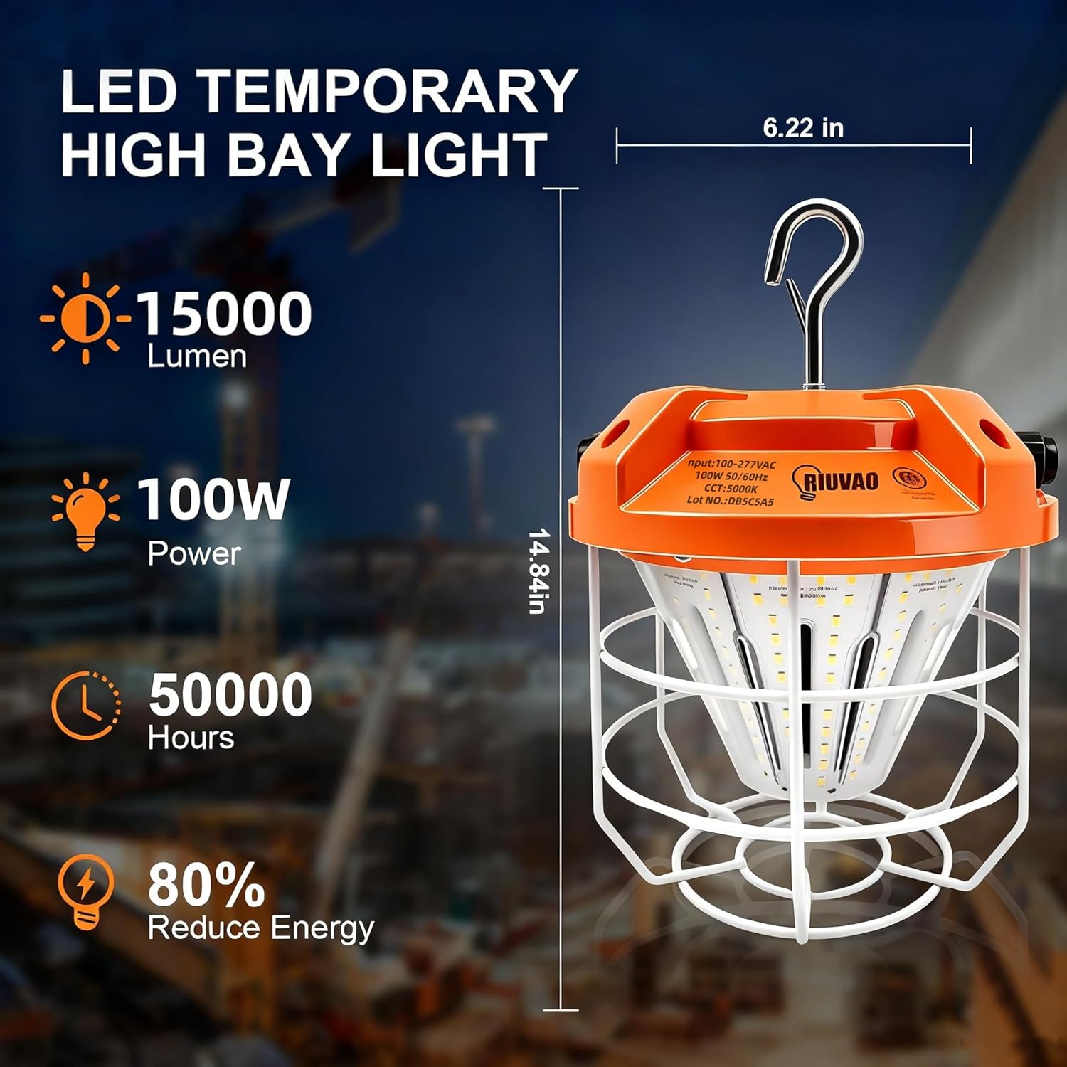 LED Temporary Work Light 100W15000Lm, 5000K Daylight White, Portable High Bay Light with Hook, Indoor Outdoor Area Lighting