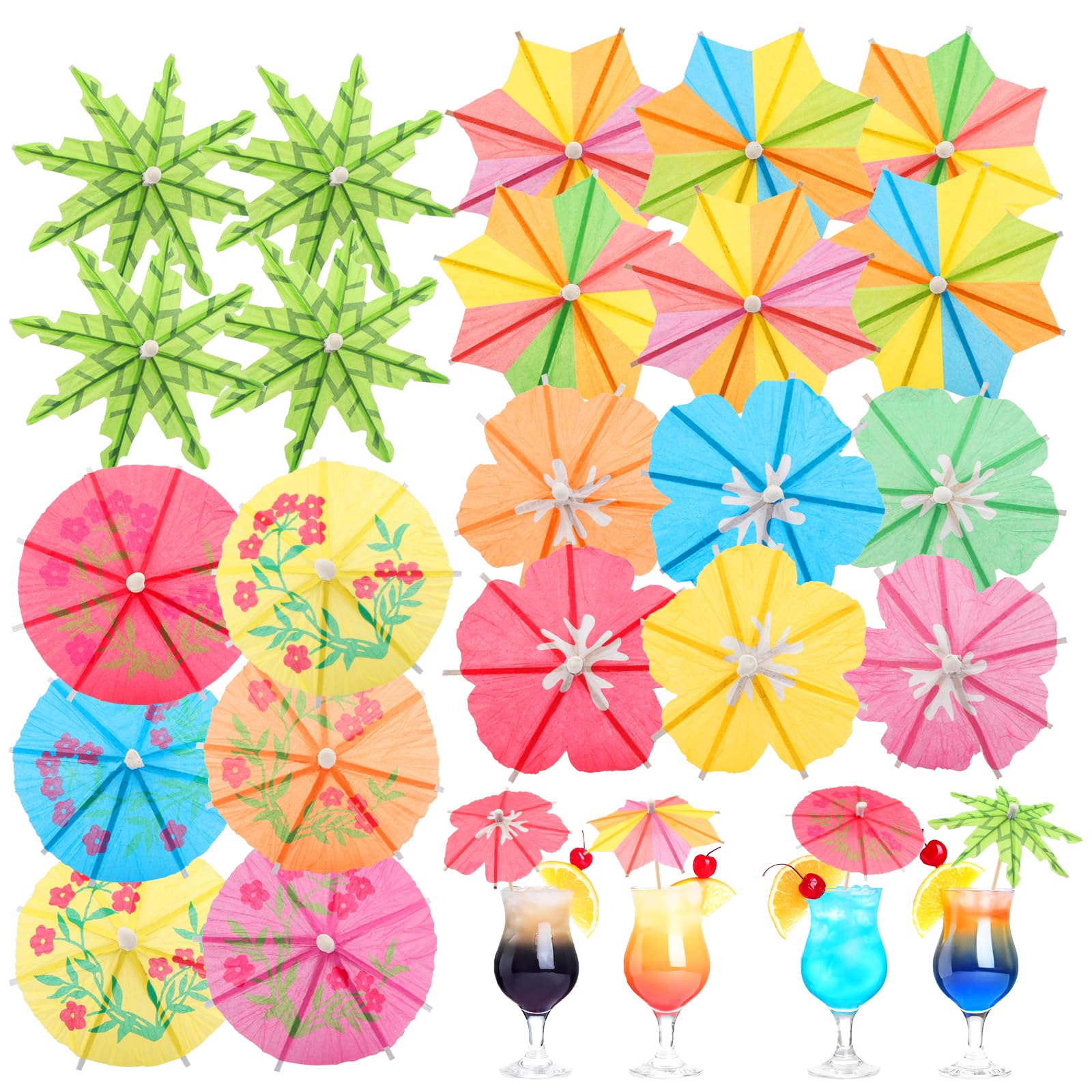 [4 estilos] Sombrillas de cóctel para bebidas, palillos de dientes, palillos de cóctel de variaciones coloridas con palos de madera, mini sombrillas de papel para decoraciones de fiesta Tiki Luau y