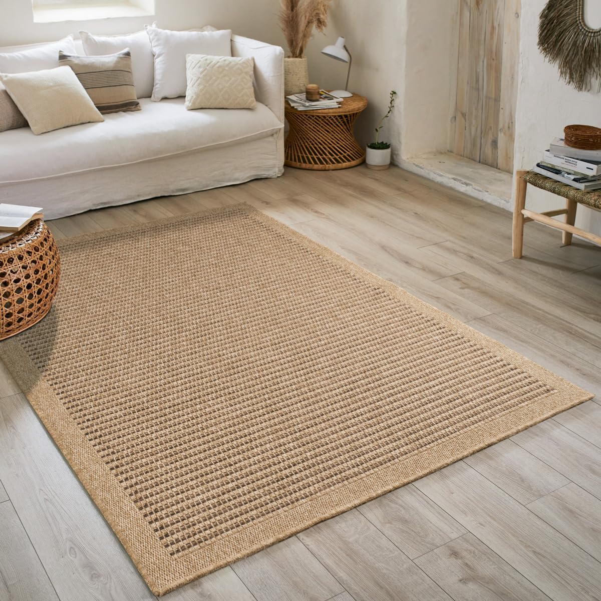 Nazar Alfombra Natural, Alfombra Natural Boheme, Alfombra de Yute, Alfombra de salón, Dormitorio, pasillos, Alfombra Exterior, Color Natural (160 x 160 cm Redondo, 8751 marrón)