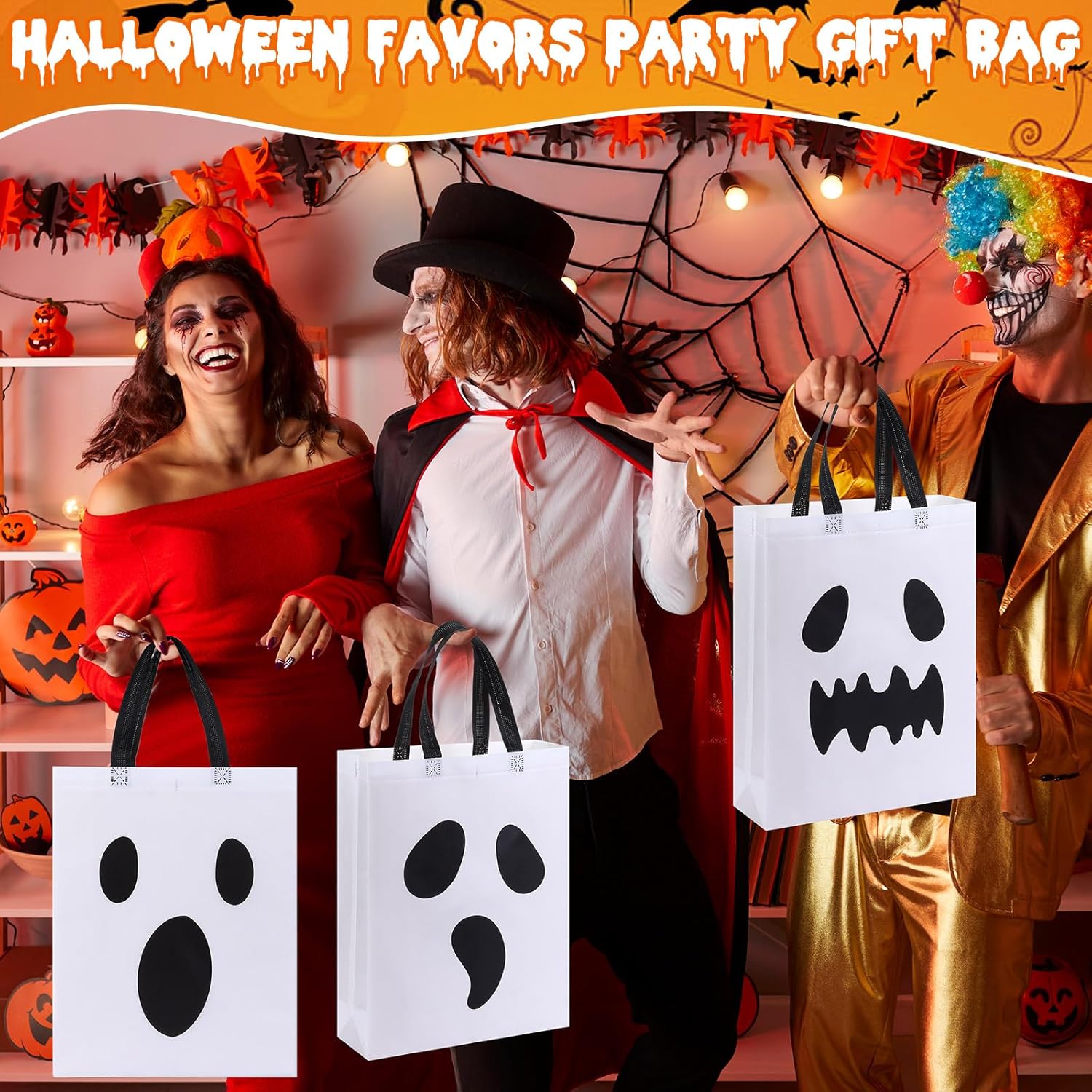 Sanwuta 48 Pcs Halloween Tote Gift Bags 14.9 x 11.8 Large Treat or Trick Ghost Reusable Non Woven Candy Goodies Bags for Halloween - Image 2