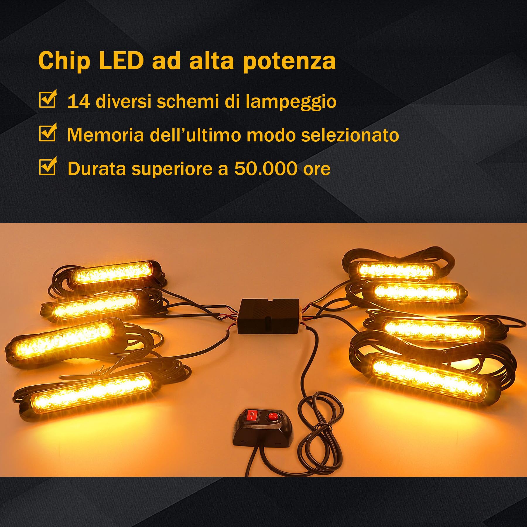Luce Stroboscopica LED Arancione 8x8 Faro di Emergenza 12-24V Lampeggiante Universale per Auto, Camion, Camper, SUV e ATV con 14 Modalità Flash IP65 per Sicurezza Stradale e Intervento