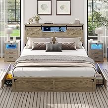 Hasuit Farmhouse Bed Frame California King Size with Storage Bookcase Headboard, Wooden Cal King Bed with LED Lights, Charging Station, 2 Drawers, Country Rustic Bed Frame with Sliding Barn Door