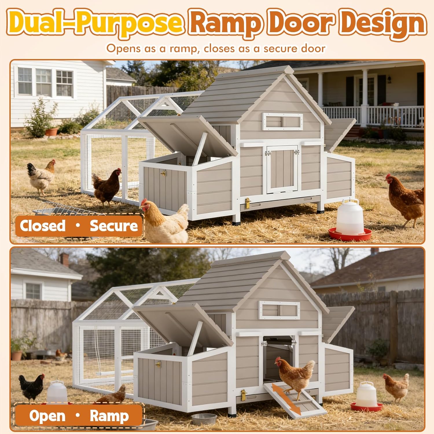 83"L Large Chicken Coop with Run for 4–6 Chickens Wooden Backyard Hen House with Curved Roof, Peaked Run Top, 4 Reinforced Nesting Boxes, Swing Perch, Dual Ramp Doors,Slide-Out Tray,Expandable